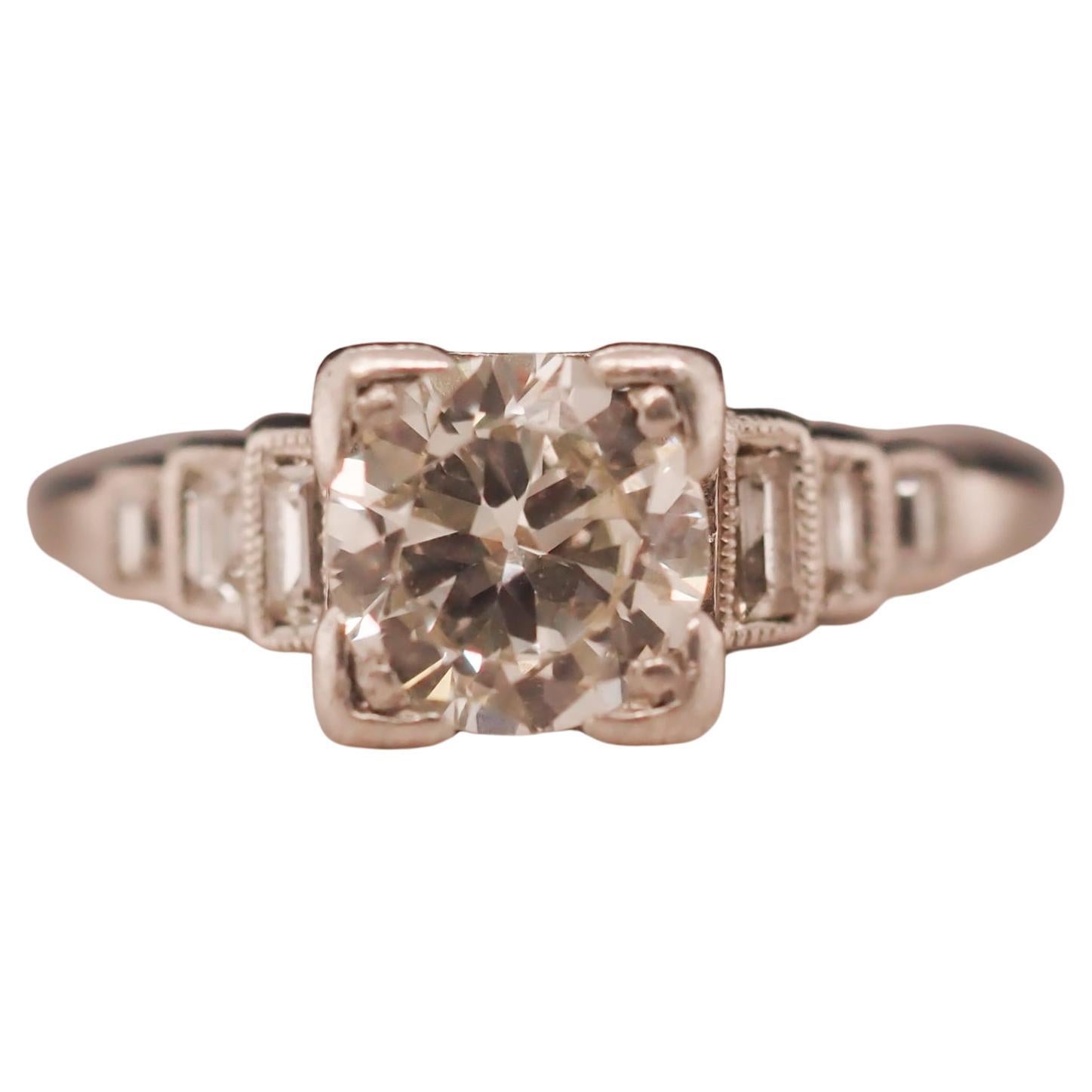1931 Date Platinum Art Deco 1.00 Carat Old European Diamond Engagement Ring For Sale