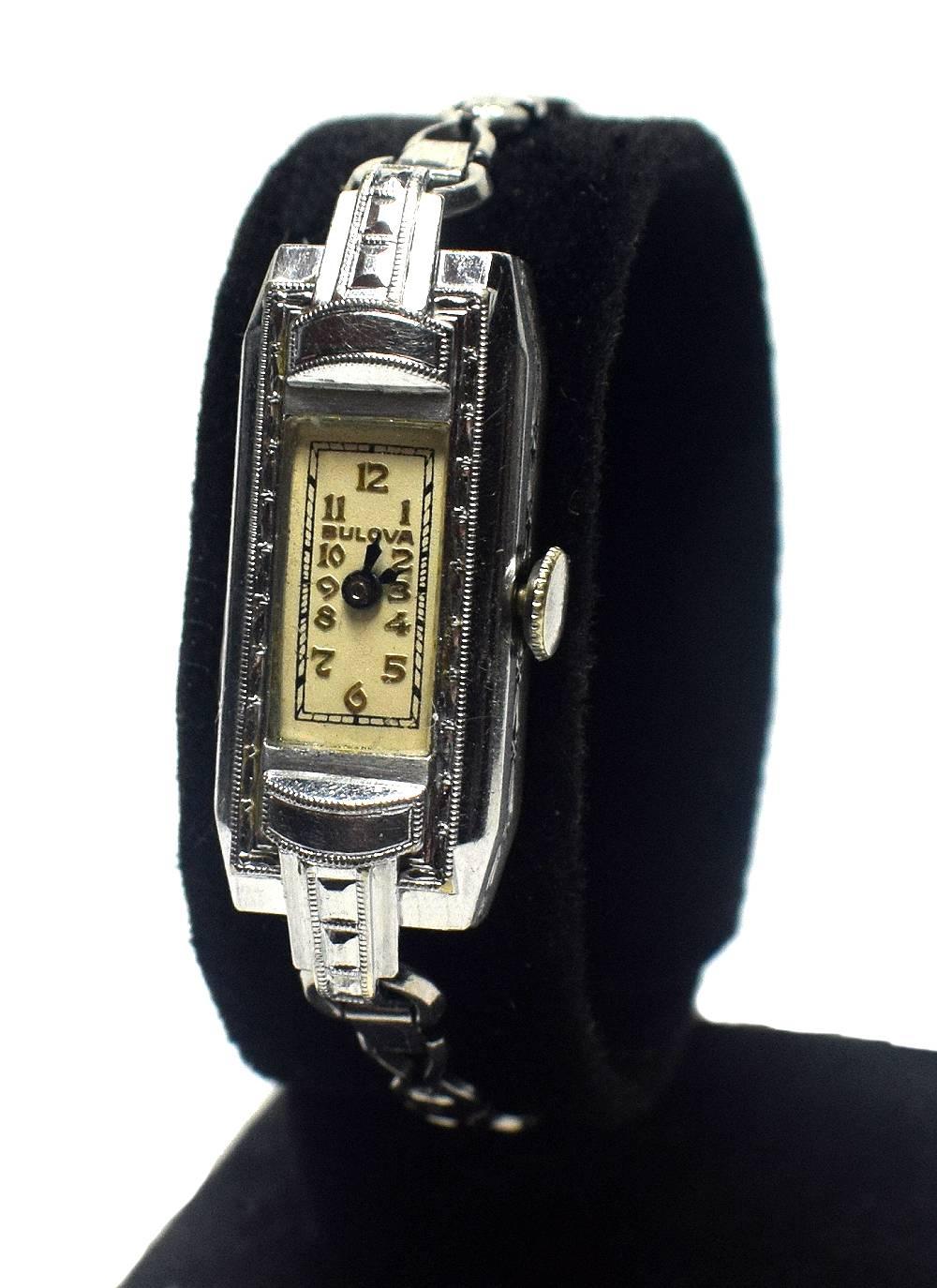 20th Century 1931 Ladies Bulova Art Deco 10-Karat White Gold Watch