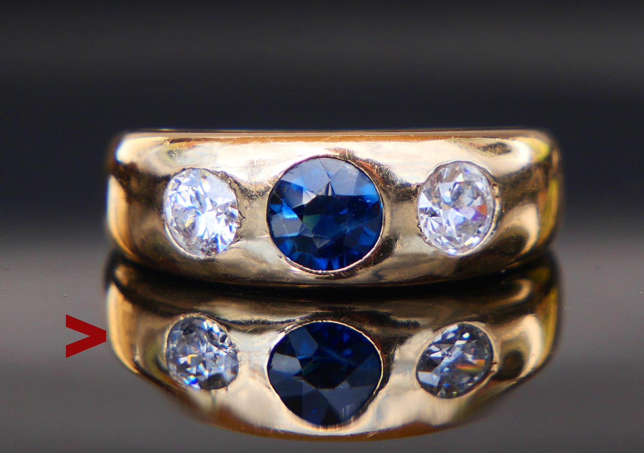 Three Stones Ring for Men in solid 18K Yellow Gold with natural Blue Sapphire stone of medium Blue color with minor violet tint old diamond cut Ø 5mm x 3.25mm deep / about 0.65ct. Two old diamond cut natural Diamonds  Ø 4.25 mm x 2.6mm deep /