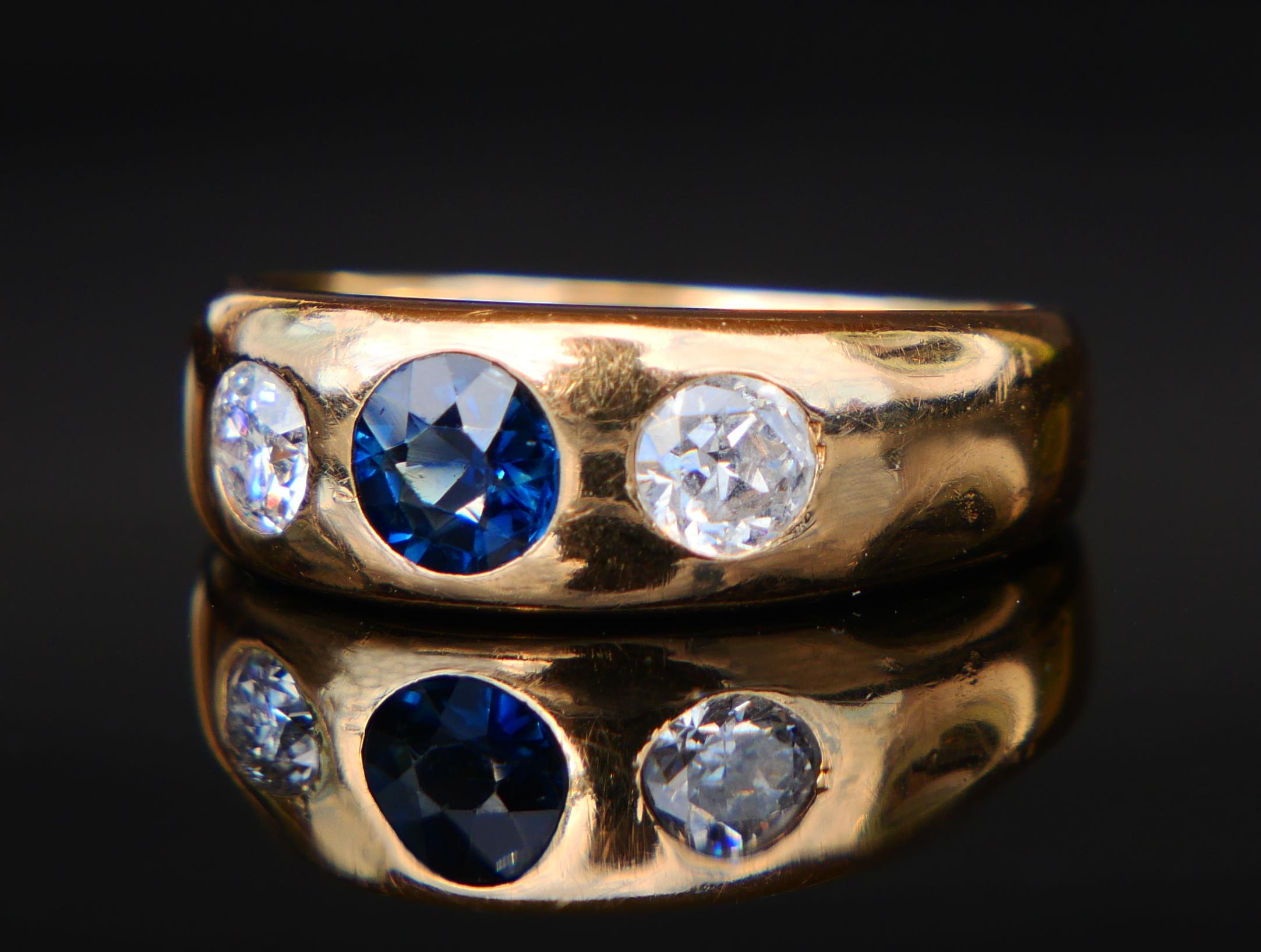 Old European Cut 1931 Men Lord Ring 0.65ct Sapphire 0.72ctw Diamonds solid 18K Gold ØUS7.75/7.25g For Sale