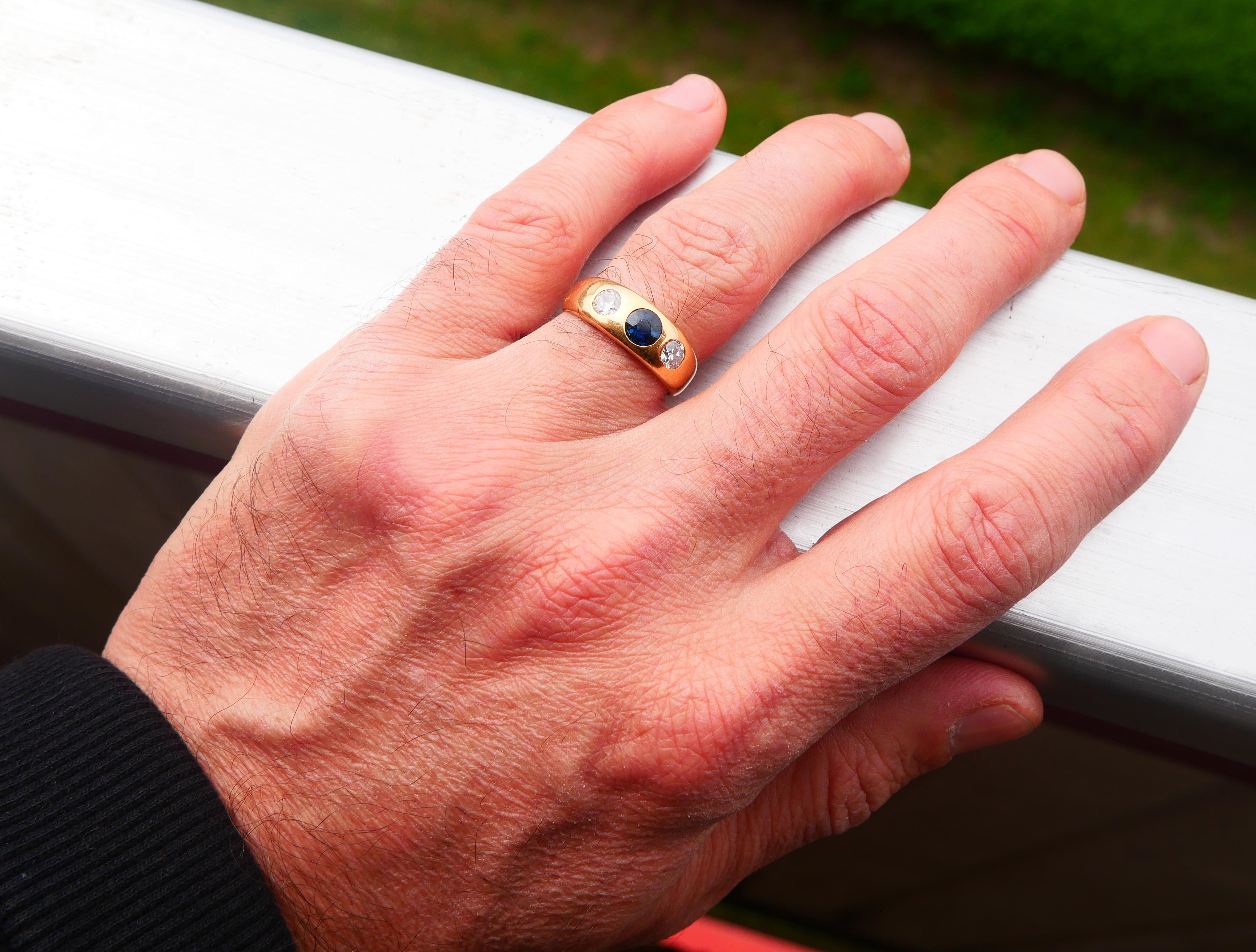 1931 Men Lord Ring 0.65ct Sapphire 0.72ctw Diamonds solid 18K Gold ØUS7.75/7.25g For Sale 1