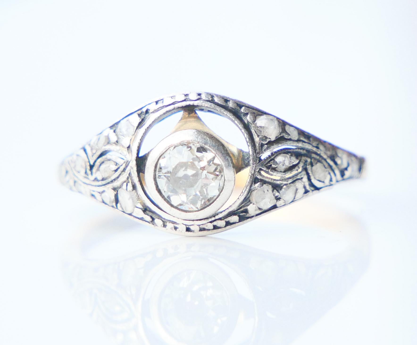 Old European Cut 1931 Nordic Ring 0.5ct. Diamonds solid 18K Gold Silver Ø US8.5 / 2.76gr For Sale
