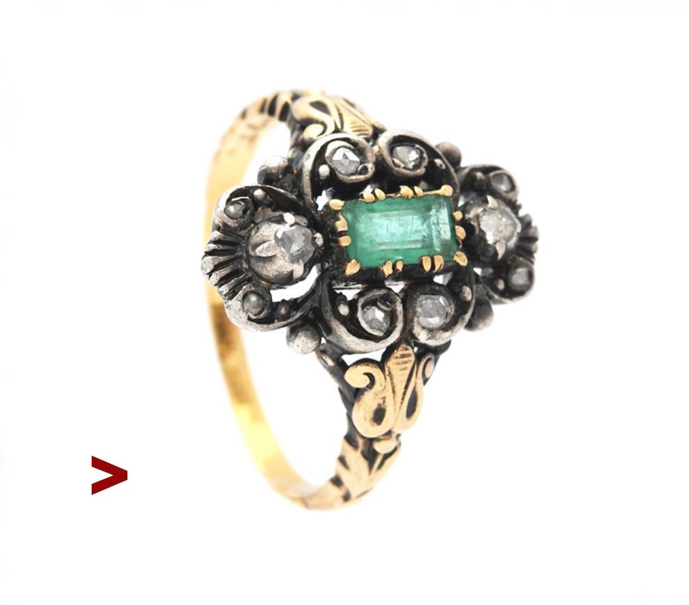 1931 Anello Nordico 0.9 ct Smeraldo 0.8 ctw Diamanti Oro 18K Argento ØUS9.75/5.3gr in vendita 3
