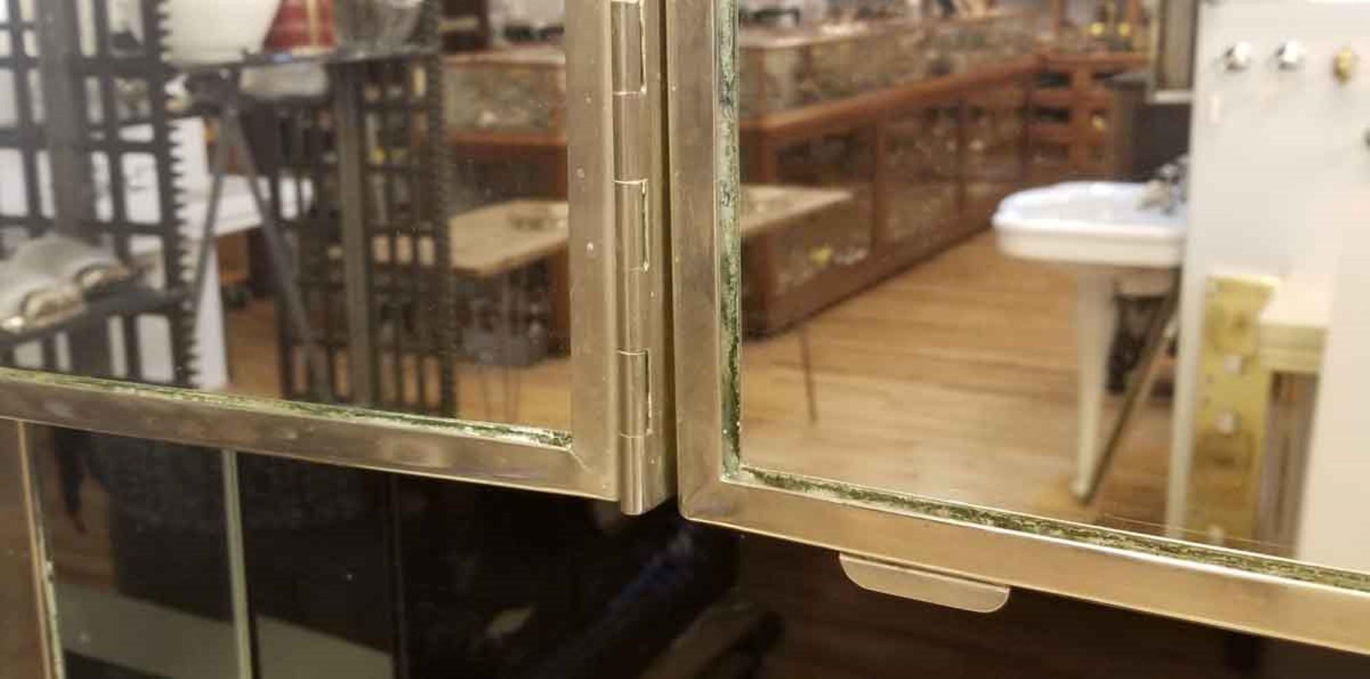 Brass 1931 NYC Waldorf Astoria Hotel Bath Vanity Cabinet, 3 Mirrors, Black Glass Shelf