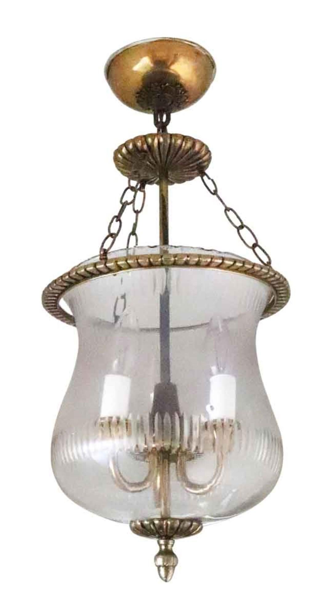 1931 three light cast brass bell jar fixture with etched glass and a fluted frame and finial. From the 1931 NYC Waldorf Astoria Towers 35th floor. Waldorf Astoria authenticity card included with your purchase. This can be seen at our 333 West 52nd