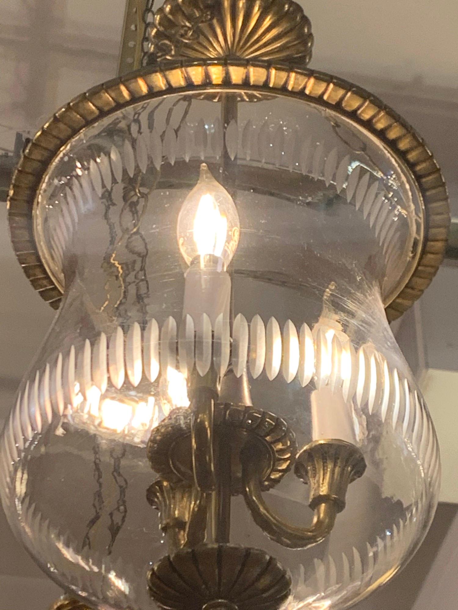 American 1931 NYC Waldorf Astoria Hotel Bell Jar Pendant Light, Bronze and Cut Glass