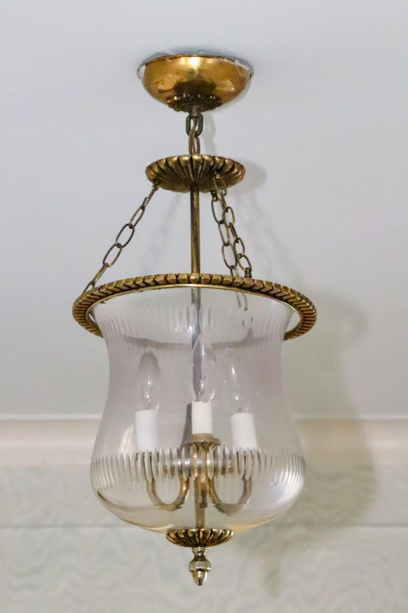 Brass 1931 NYC Waldorf Astoria Hotel Bell Jar Pendant Light, Bronze and Cut Glass