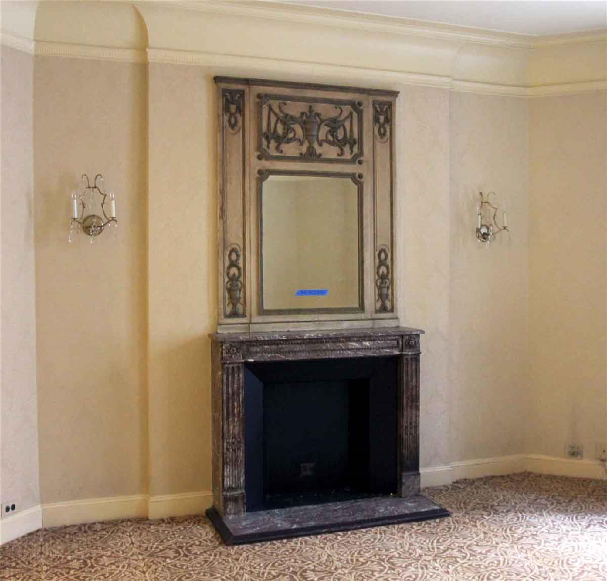 1931 NYC Waldorf Astoria Hotel tan over mantel mirror with carved wood details and a large urn in the top center. From room 964. Brought to the US from France for the Hotel. Waldorf Astoria authenticity card included with your purchase. This can be