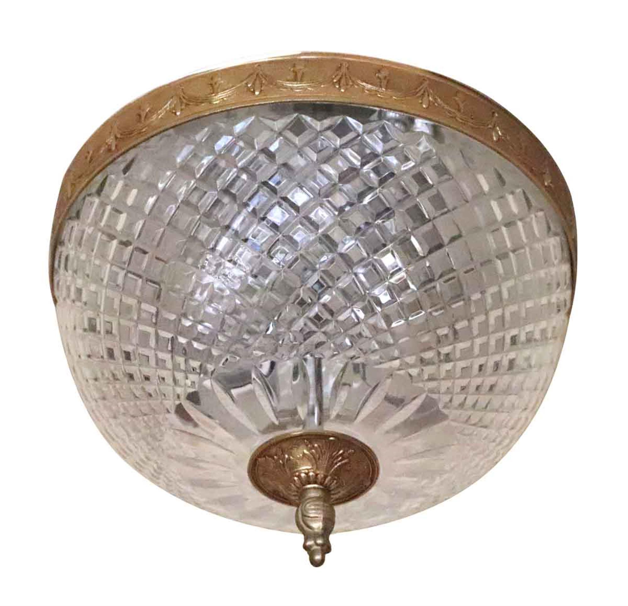 20th Century Italian style flush mount light with Slovakian cut crystal globe shade and matching brass rim and bottom finial. Reclaimed from the NYC Waldorf Astoria Hotel Towers on Park Ave. Waldorf Astoria authenticity card included with your