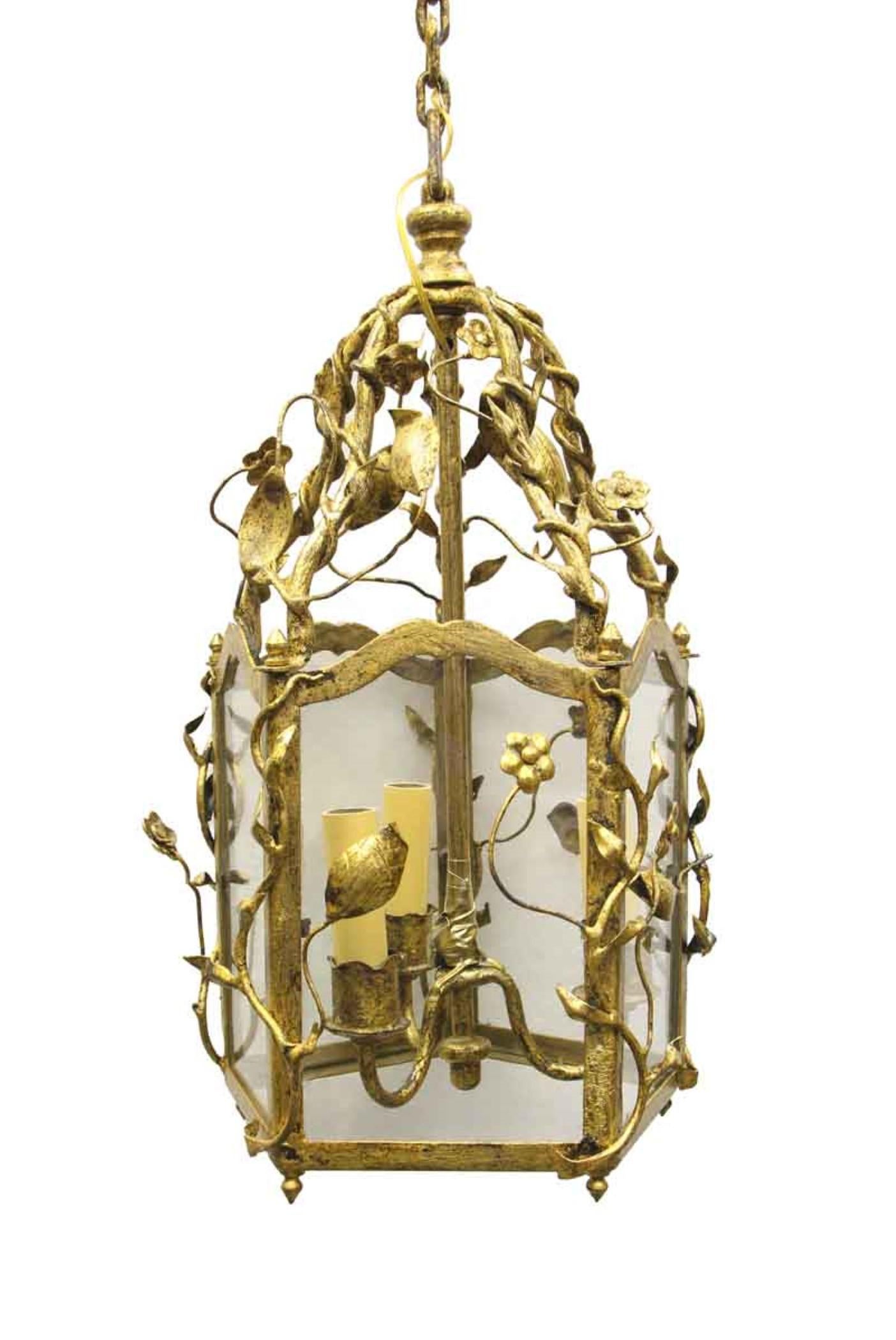 20th century Italian lantern with a gold gilt finish and three candlestick lights done in floral and foliage. From the foyers of the suites of the 39th floor of the NYC Waldorf Astoria Towers. Cleaned and rewired. Waldorf Astoria authenticity card