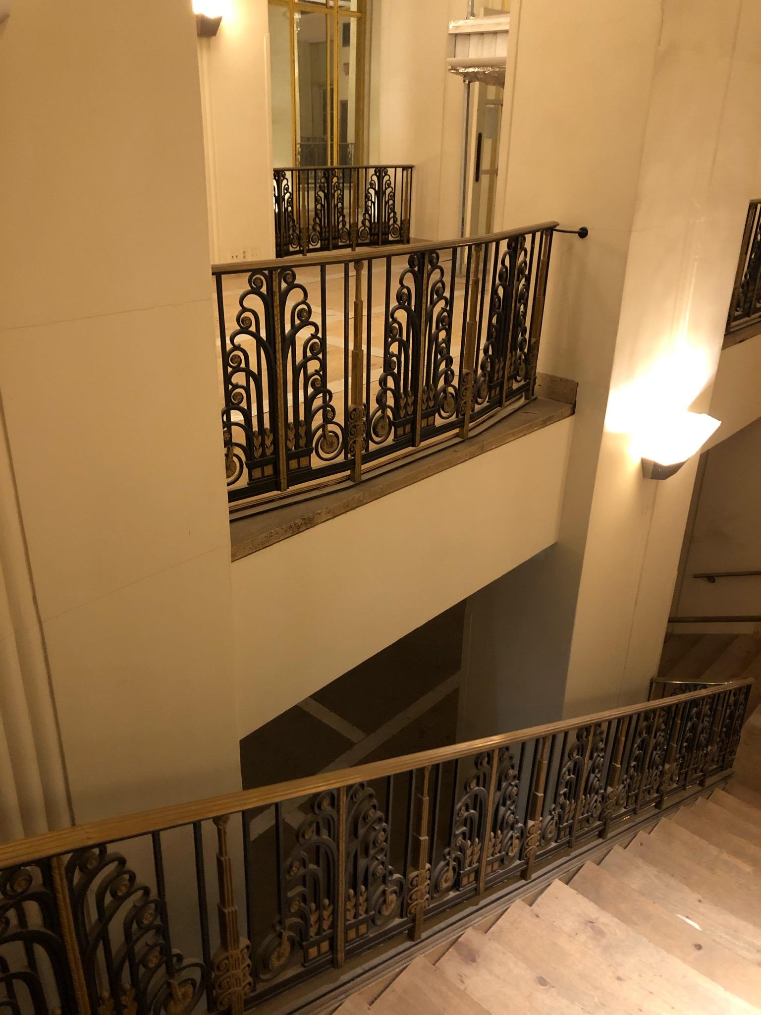 Original 1931 black and gold bronze and steel Art Deco balcony from the Starlight Ballroom of the NYC Waldorf Astoria Hotel on Park Avenue, New York City. There are minor original bends in each. Small quantity available at time of posting. Please