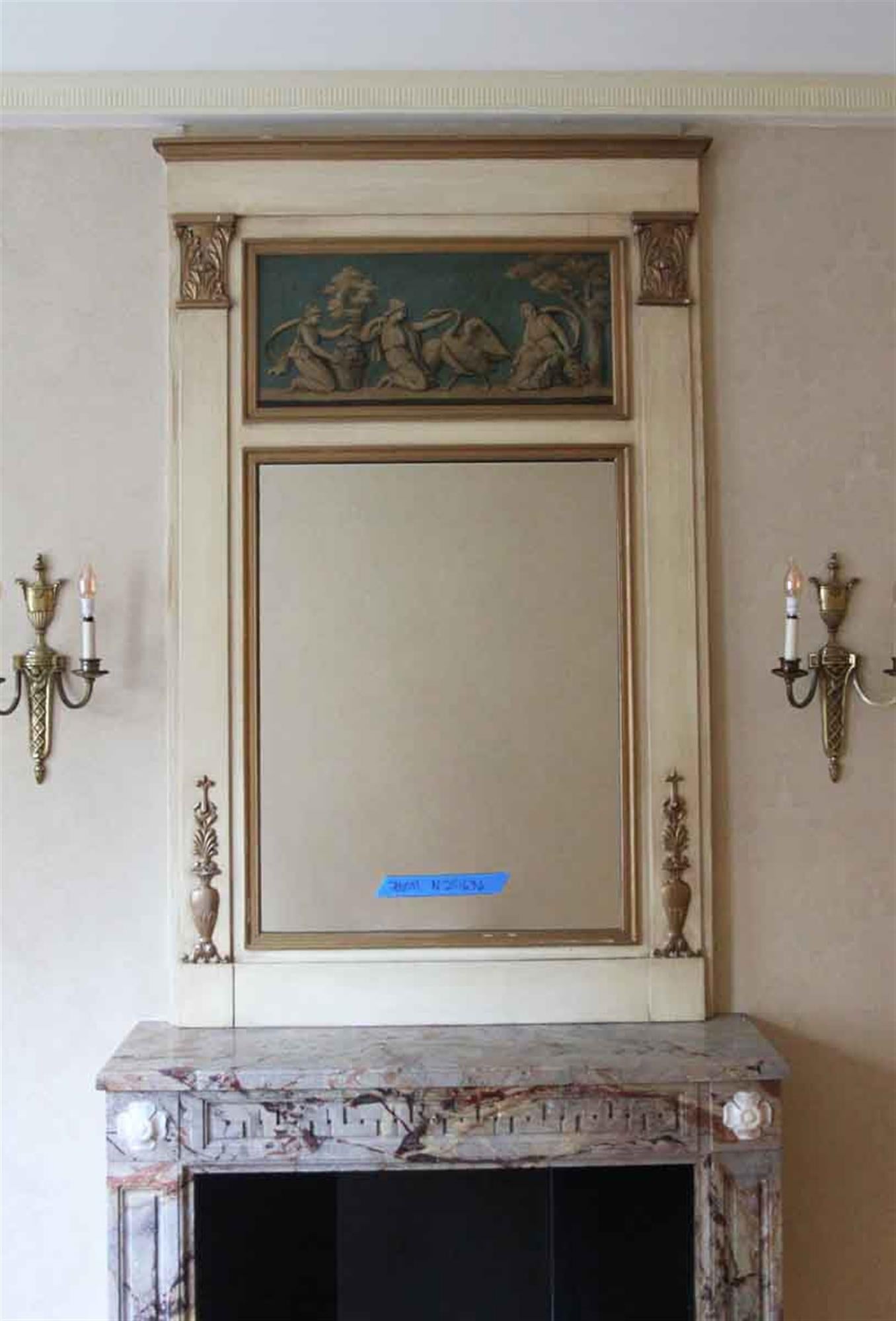 French 1931 NYC Waldorf Astoria Hotel Wood Over Mantel Mirror with Gold Figural Details