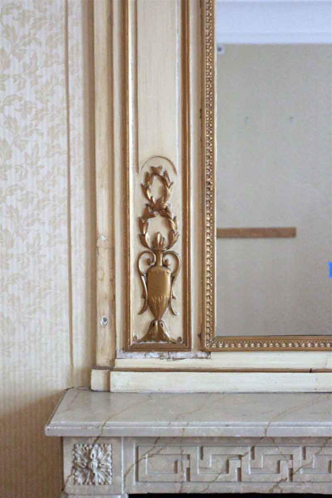 French 1931 NYC Waldorf Astoria Hotel Wood Tan & Gold Over Mantel Mirror from Room 765 