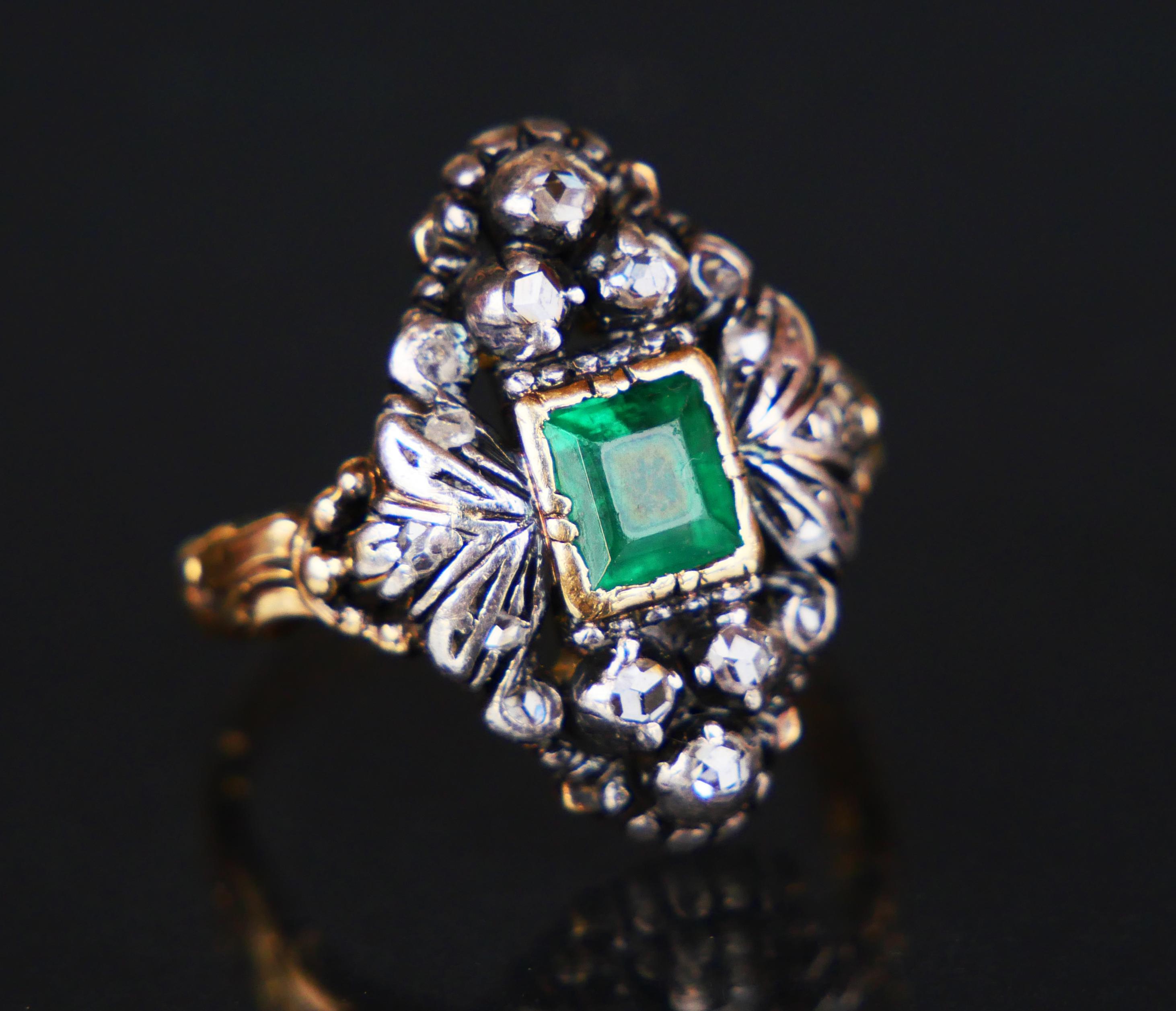 1931 old Ring 1ct Emerald 0.5ctw Diamonds solid 18K Gold Silver ØUS5.5/6.6gr For Sale 5