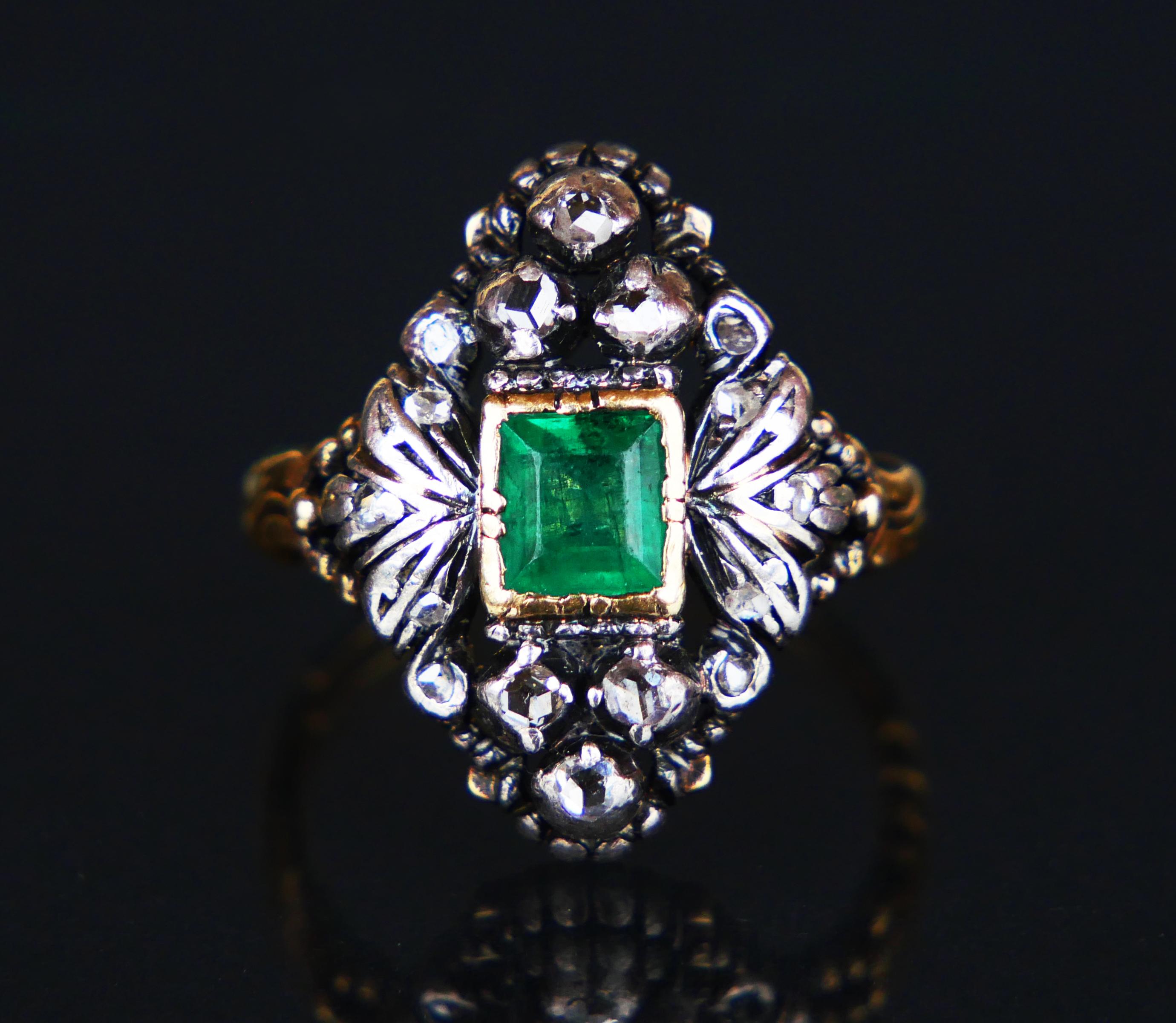 1931 old Ring 1ct Emerald 0.5ctw Diamonds solid 18K Gold Silver ØUS5.5/6.6gr For Sale 6