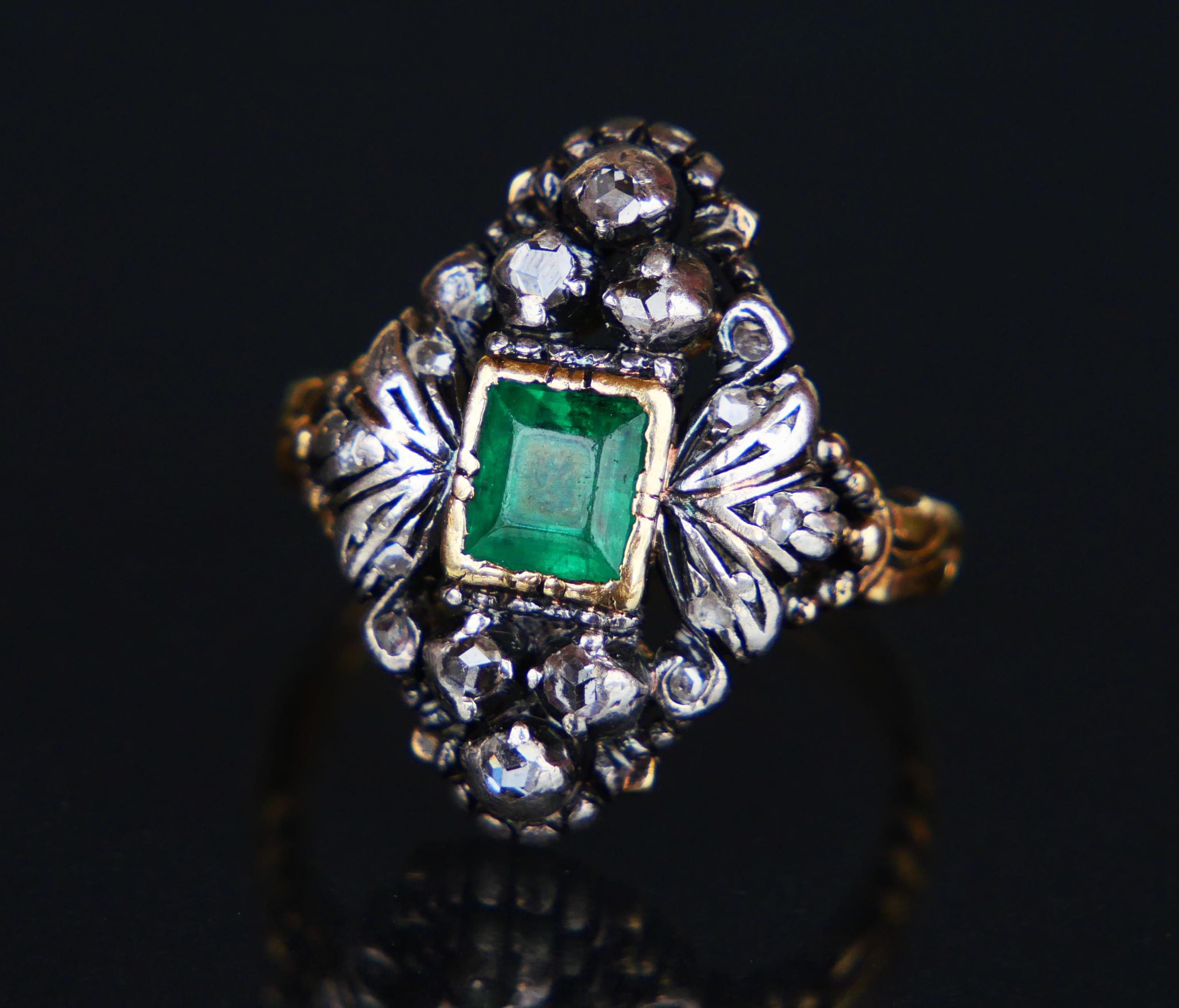 1931 old Ring 1ct Emerald 0.5ctw Diamonds solid 18K Gold Silver ØUS5.5/6.6gr For Sale 7