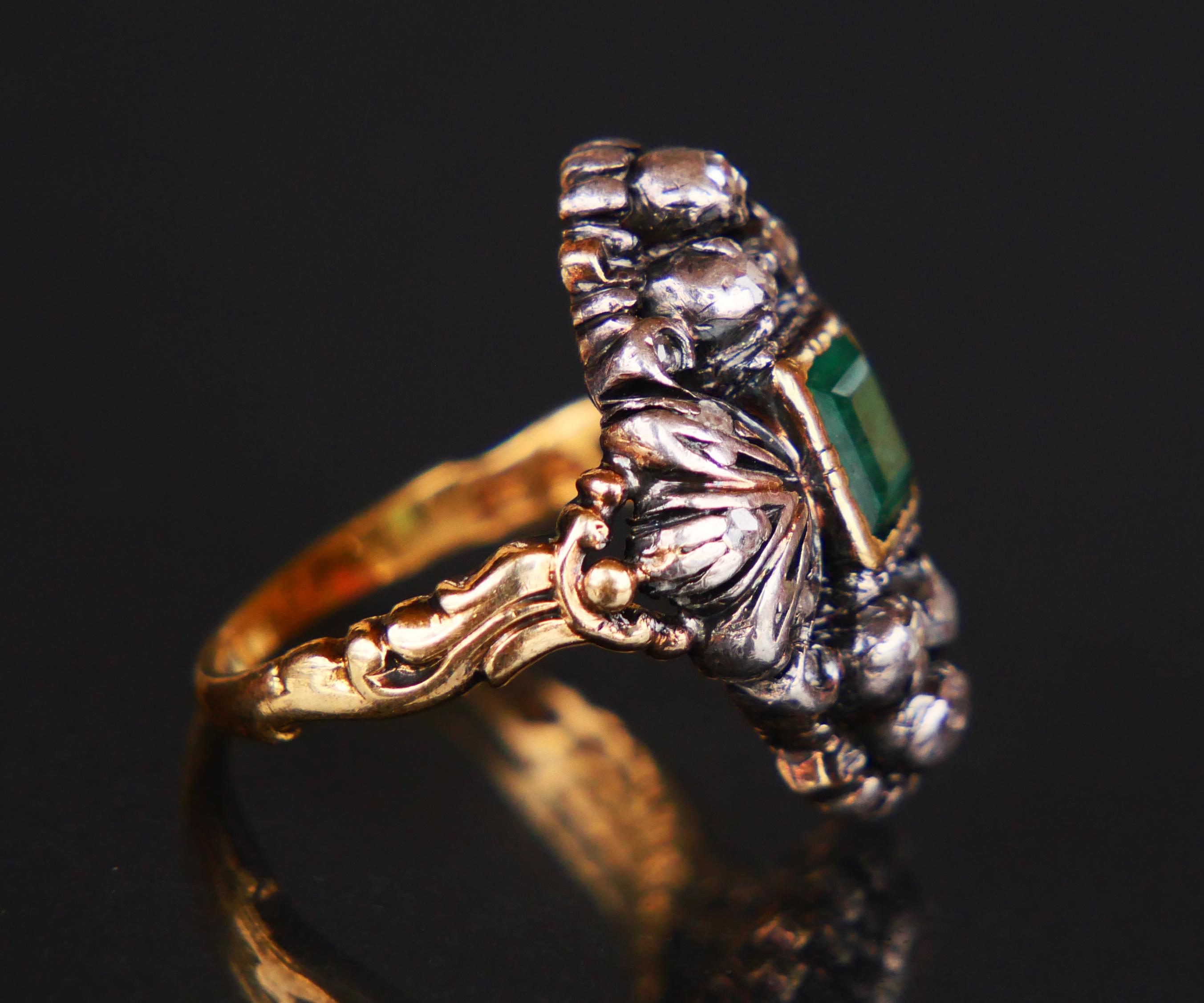 1931 old Ring 1ct Emerald 0.5ctw Diamonds solid 18K Gold Silver ØUS5.5/6.6gr For Sale 8