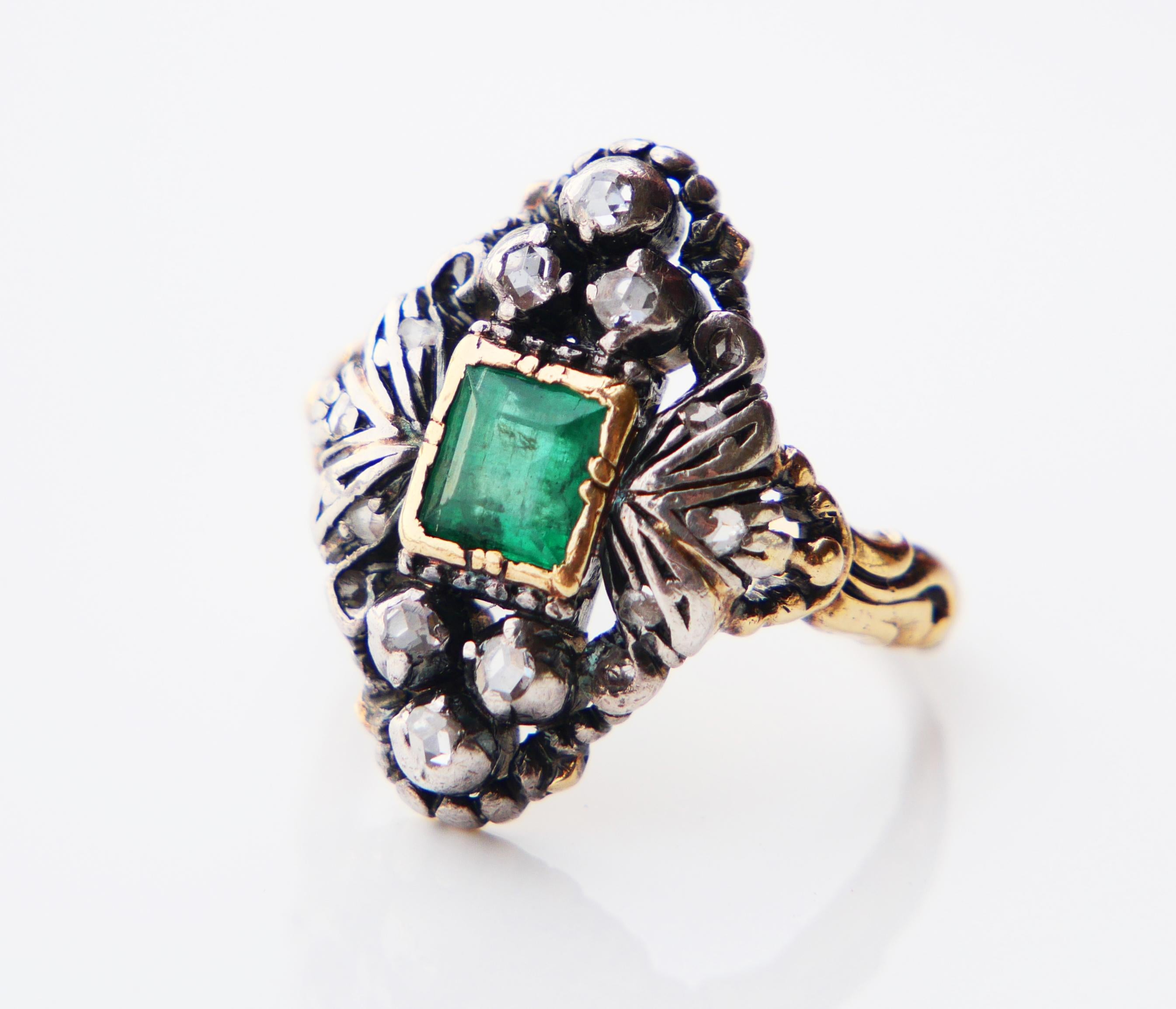 Art Deco 1931 old Ring 1ct Emerald 0.5ctw Diamonds solid 18K Gold Silver ØUS5.5/6.6gr For Sale