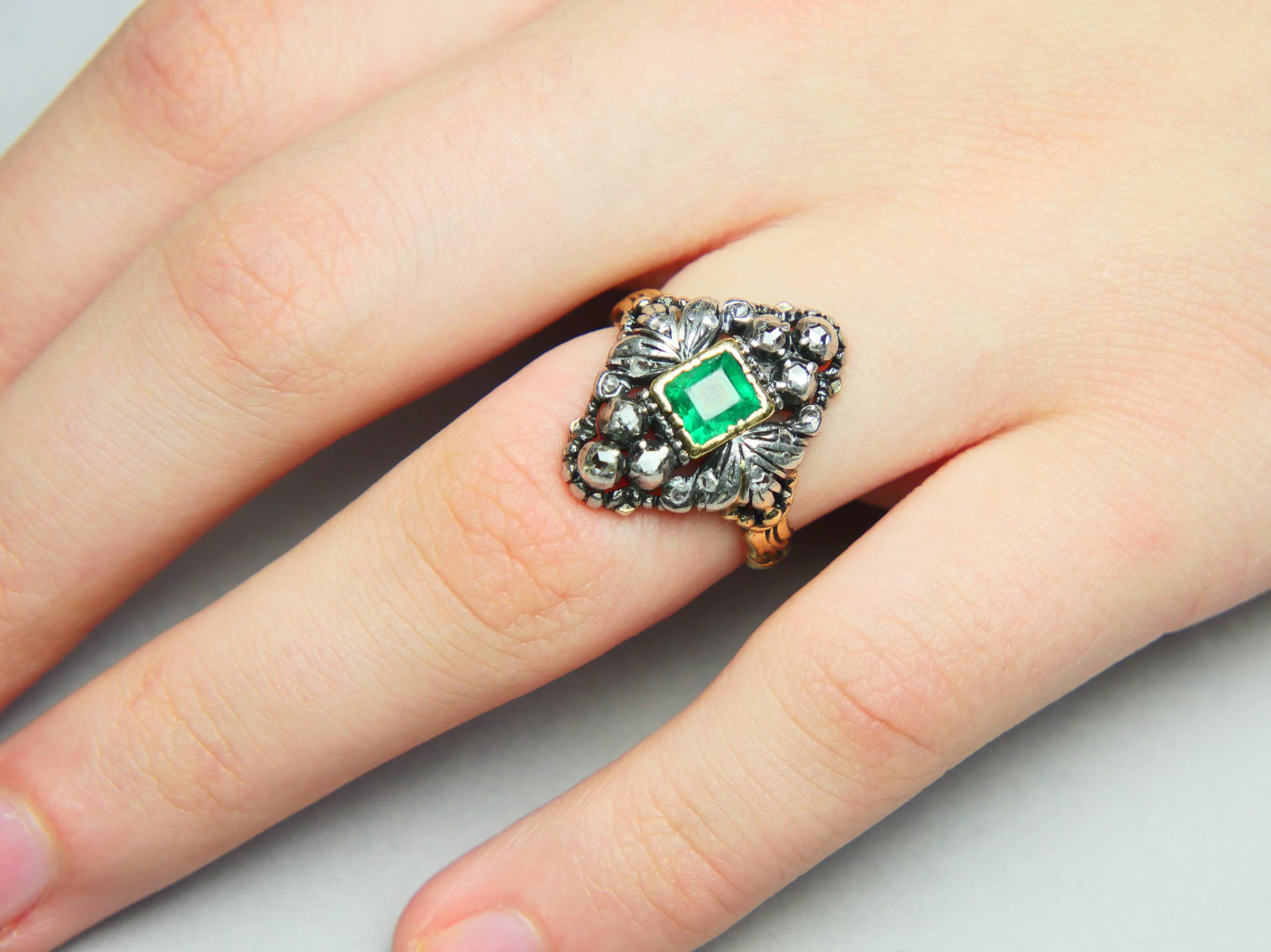 Old European Cut 1931 old Ring 1ct Emerald 0.5ctw Diamonds solid 18K Gold Silver ØUS5.5/6.6gr For Sale