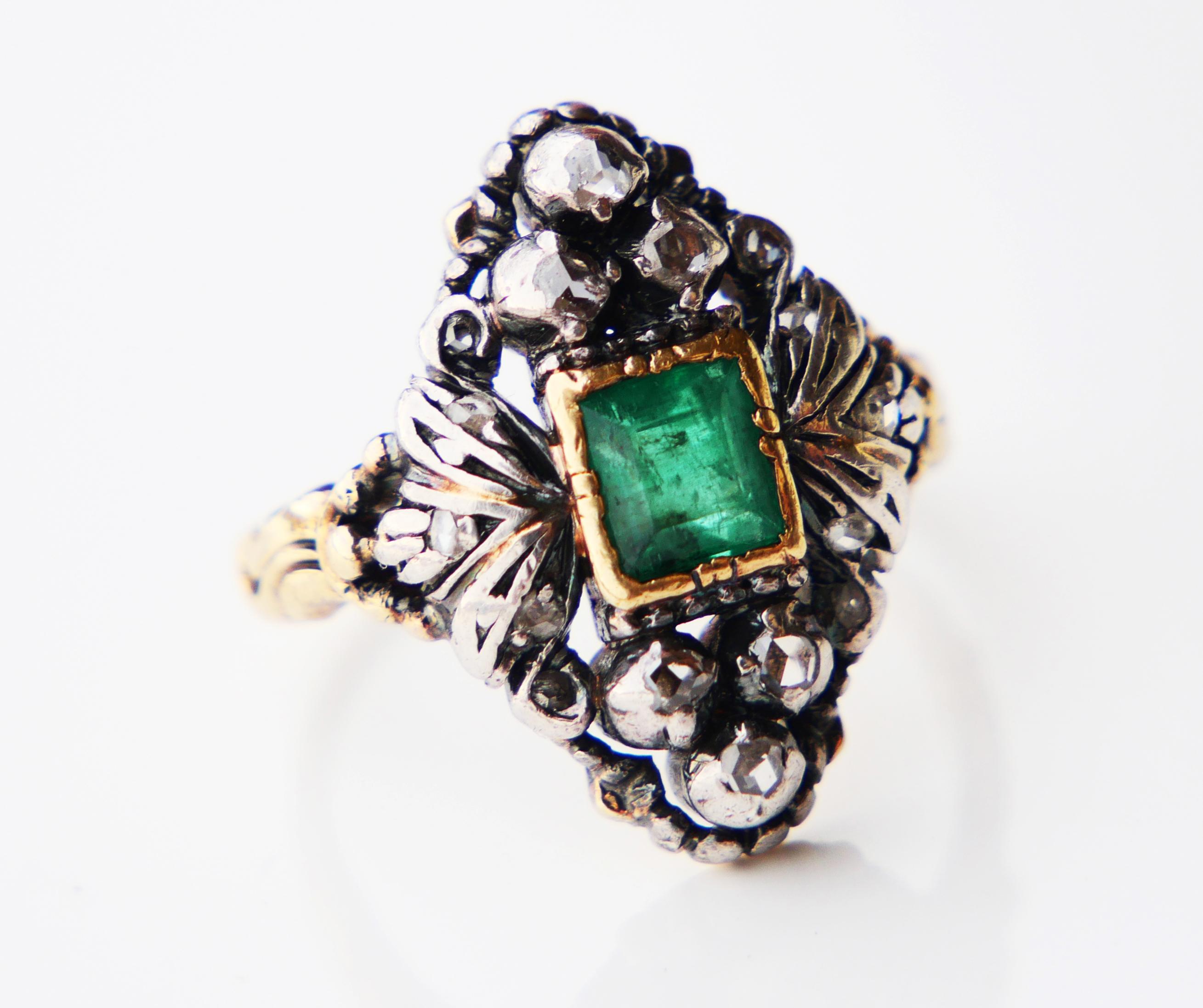 1931 old Ring 1ct Emerald 0.5ctw Diamonds solid 18K Gold Silver ØUS5.5/6.6gr For Sale 1