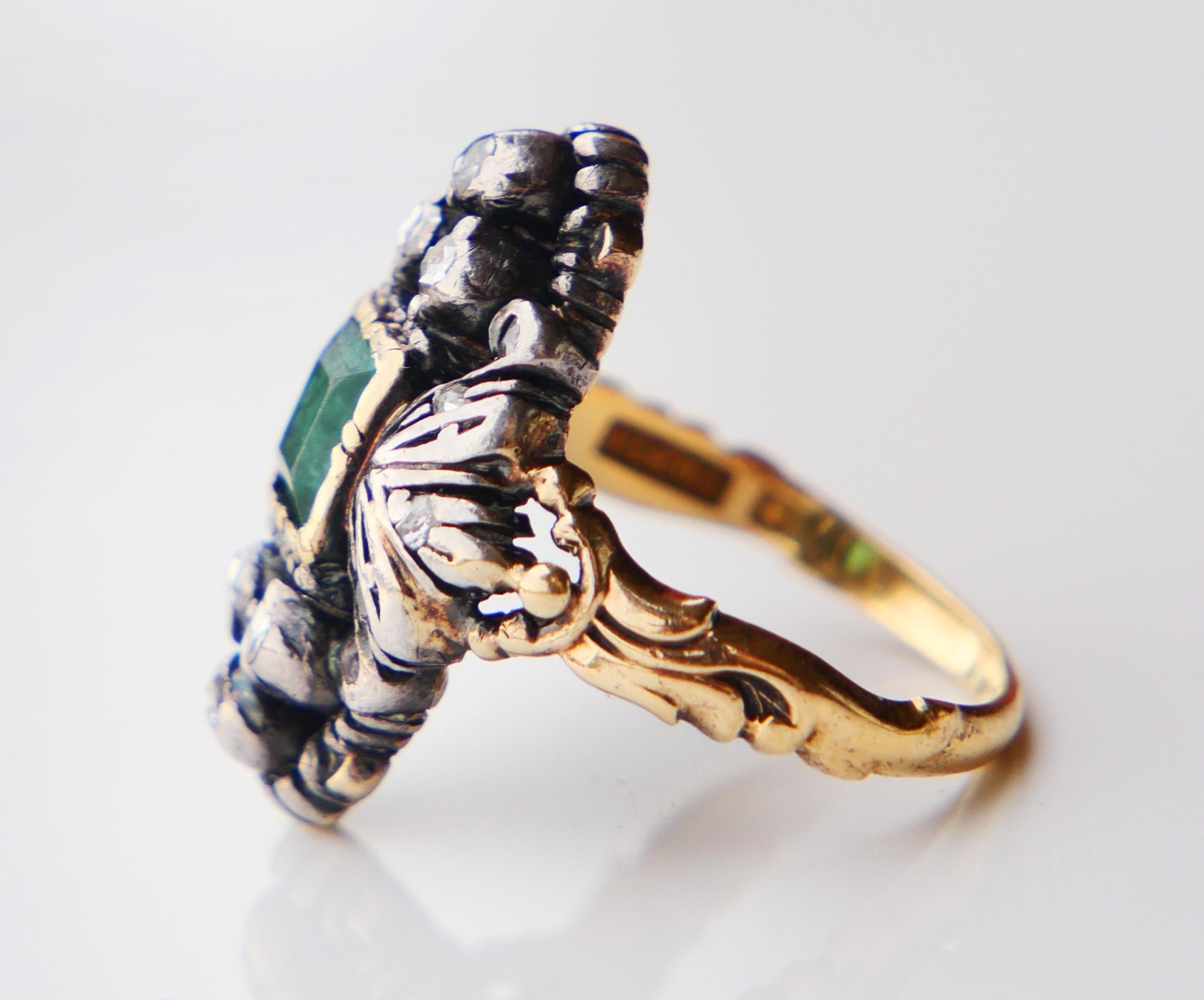 1931 old Ring 1ct Emerald 0.5ctw Diamonds solid 18K Gold Silver ØUS5.5/6.6gr For Sale 4