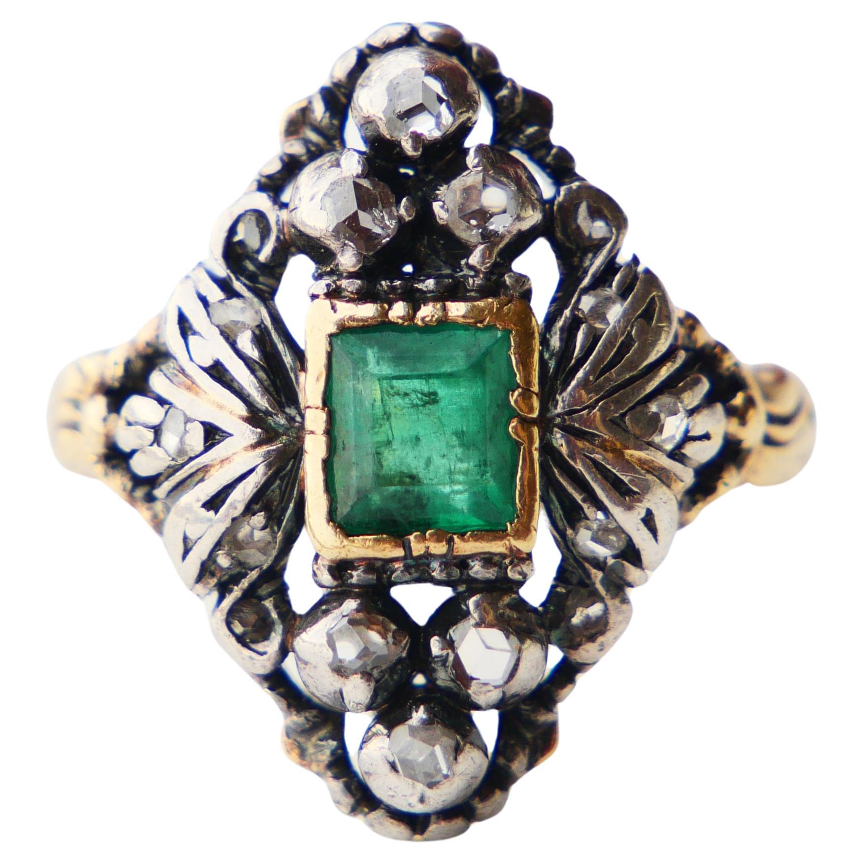 1931 old Ring 1ct Emerald 0.5ctw Diamonds solid 18K Gold Silver ØUS5.5/6.6gr For Sale