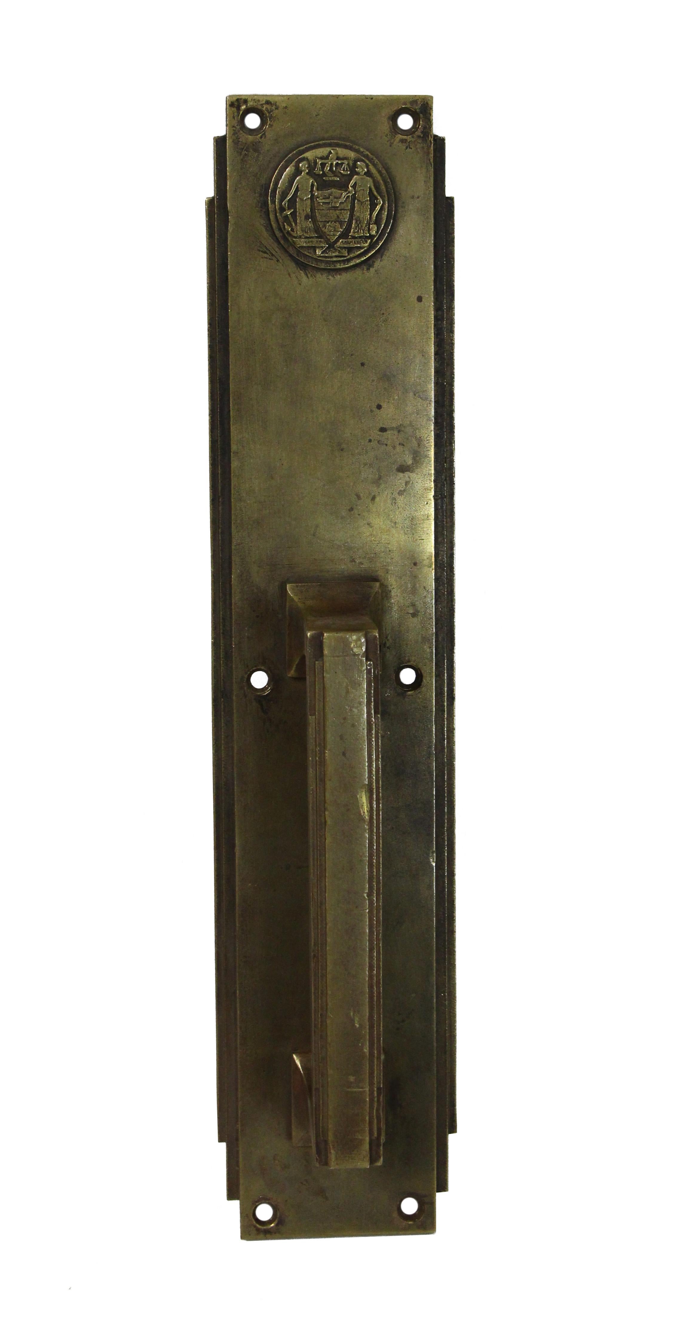 1931 Corbin signed bronze door pull and push plate set with emblems salvaged from the Philadelphia Civic Centre. The push plate has the original lock. This pair is made for the front and back of one swinging door. Salvaged by Olde Good Things from
