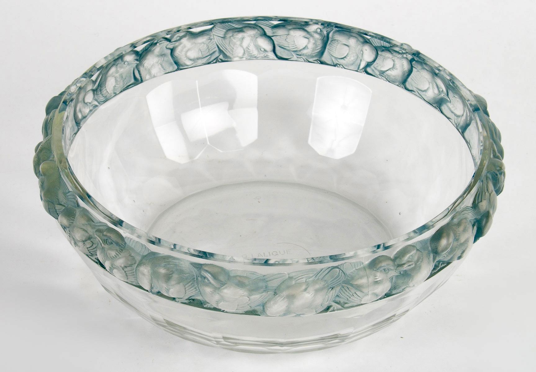 Art Deco 1931 René Lalique -Bowl Mesanges Birds Glass with Blue Patina