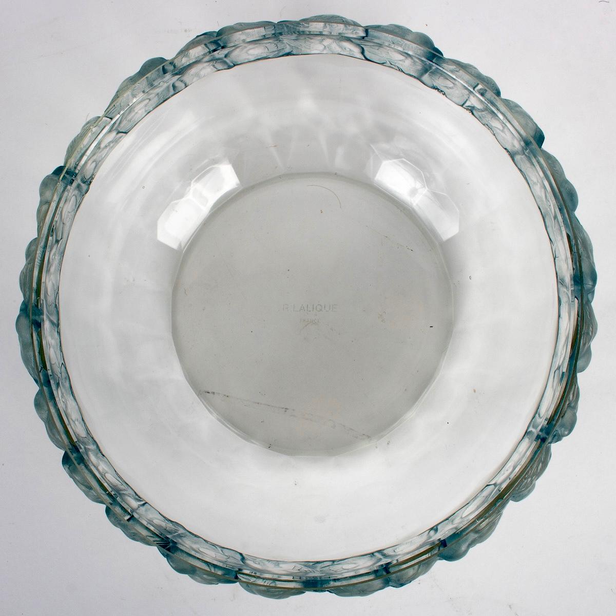 French 1931 René Lalique -Bowl Mesanges Birds Glass with Blue Patina