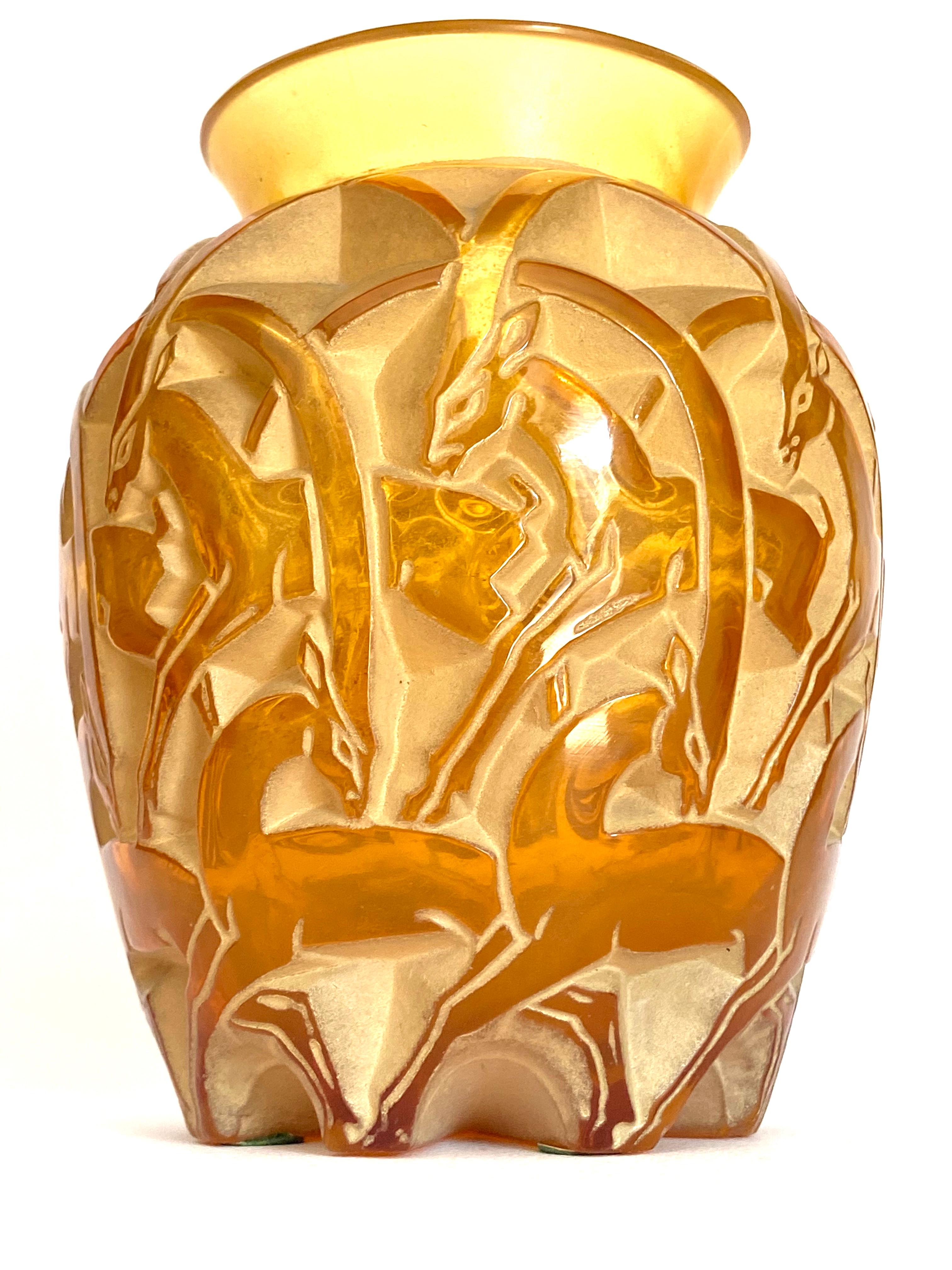 French 1931 René Lalique Chamois Vase Yellow Honey Amber Glass with White Patina