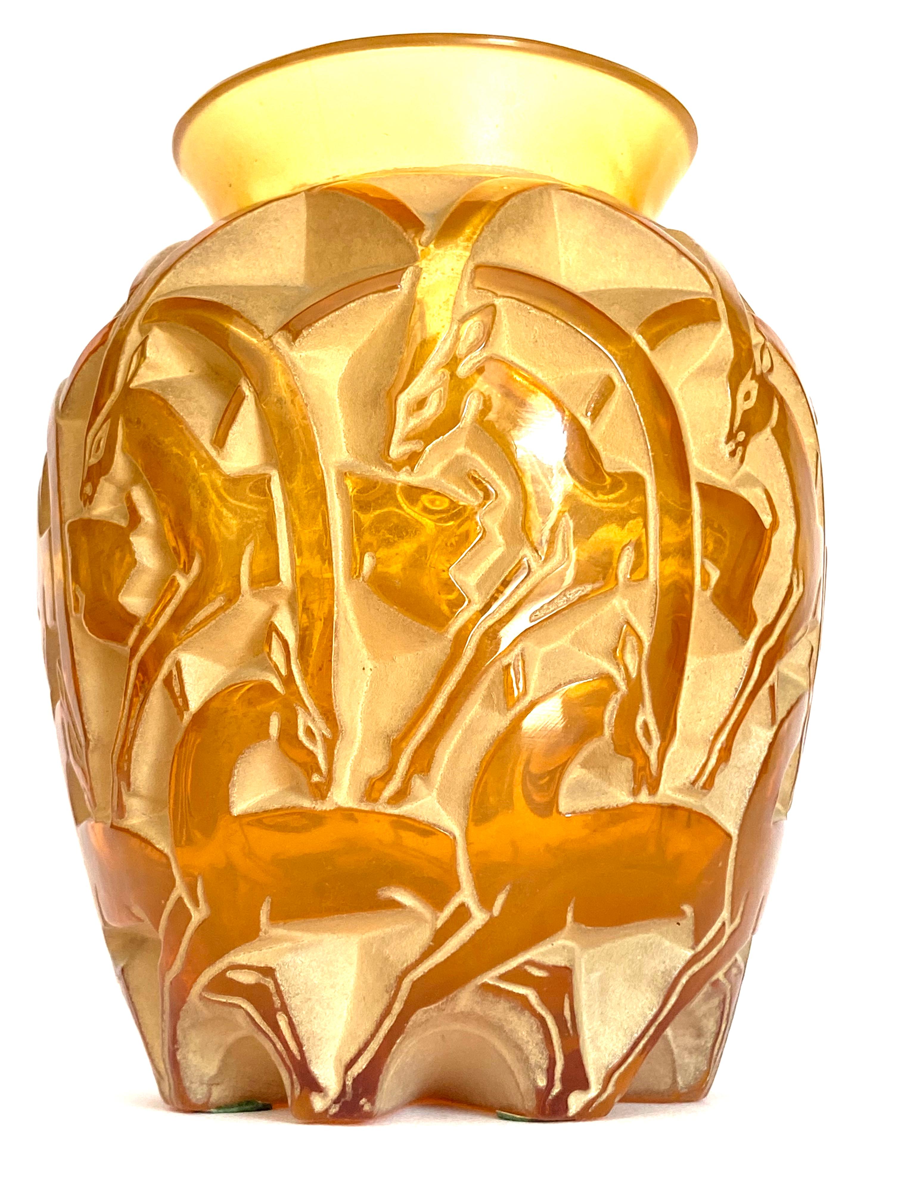 Molded 1931 René Lalique Chamois Vase Yellow Honey Amber Glass with White Patina