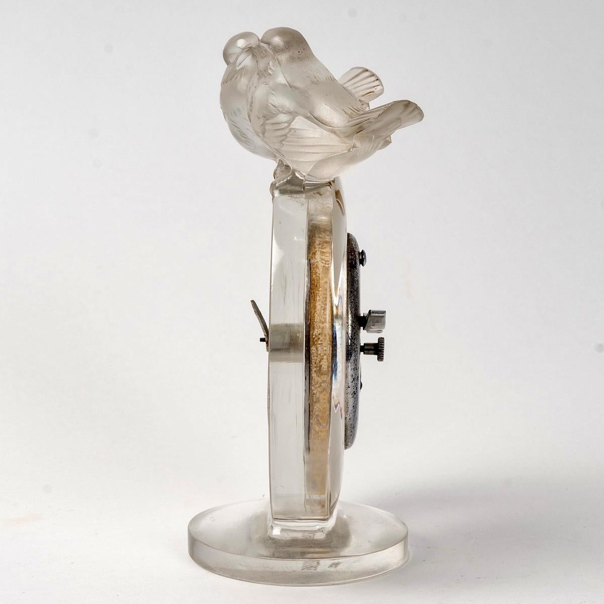 Art Deco 1931 René Lalique Clock Antoinette Frosted Glass Omega Movement Birds For Sale