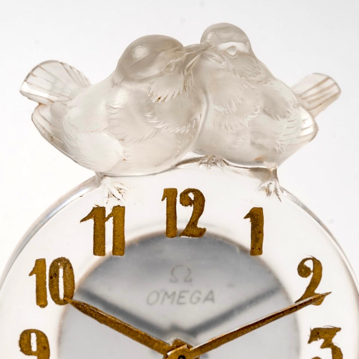 French 1931 René Lalique Clock Antoinette Frosted Glass Omega Movement Birds For Sale
