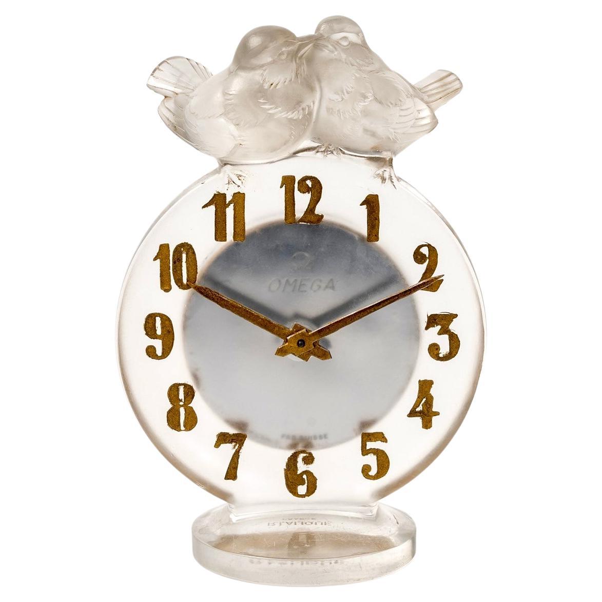 1931 René Lalique Clock Antoinette Frosted Glass Omega Movement Birds