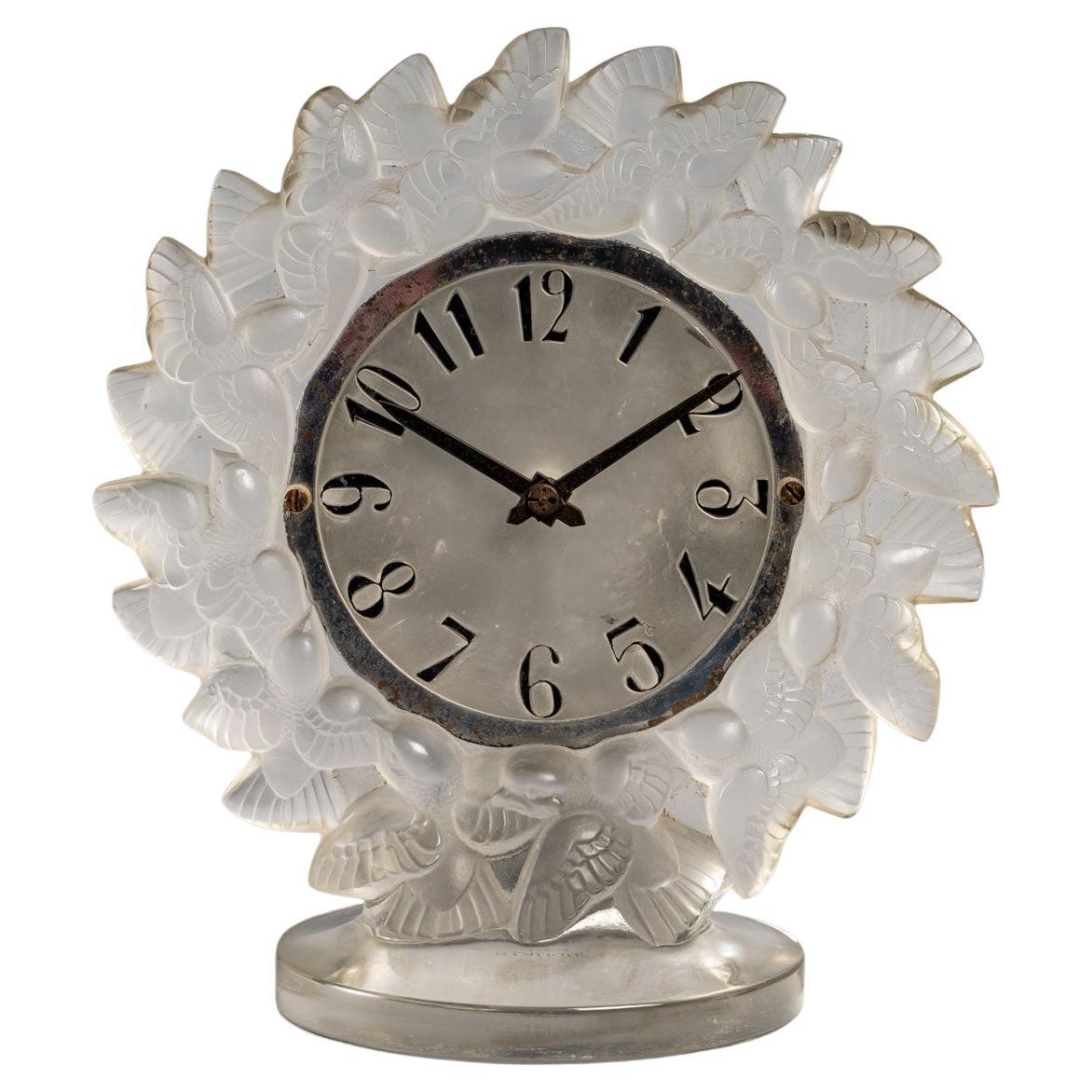 1931 René Lalique Clock Roitelets Frosted Glass Enamel Dial Omega Movement Birds For Sale