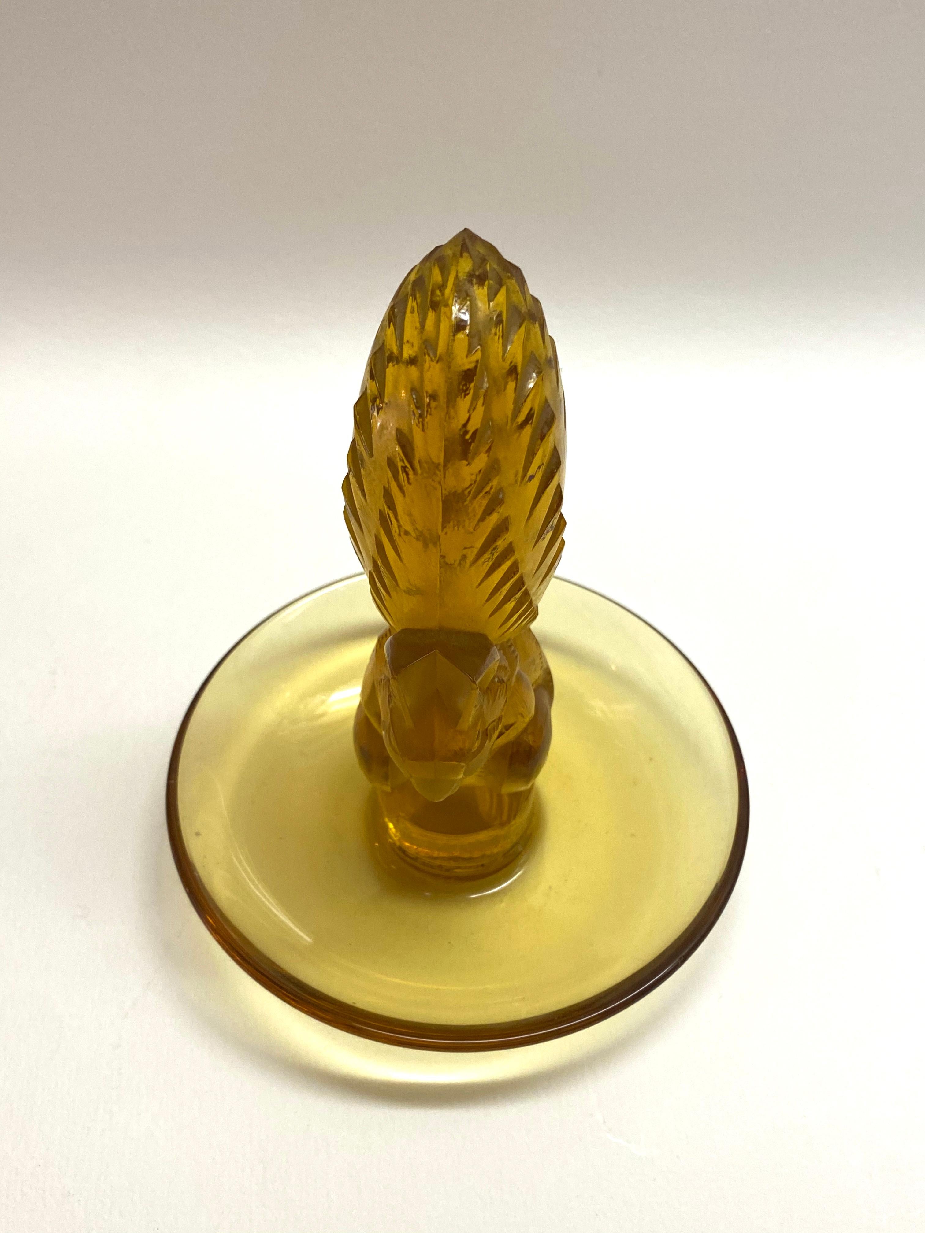 French 1931 Rene Lalique Ecureuil Astray Pintray Yellow Amber Glass, Squirrel