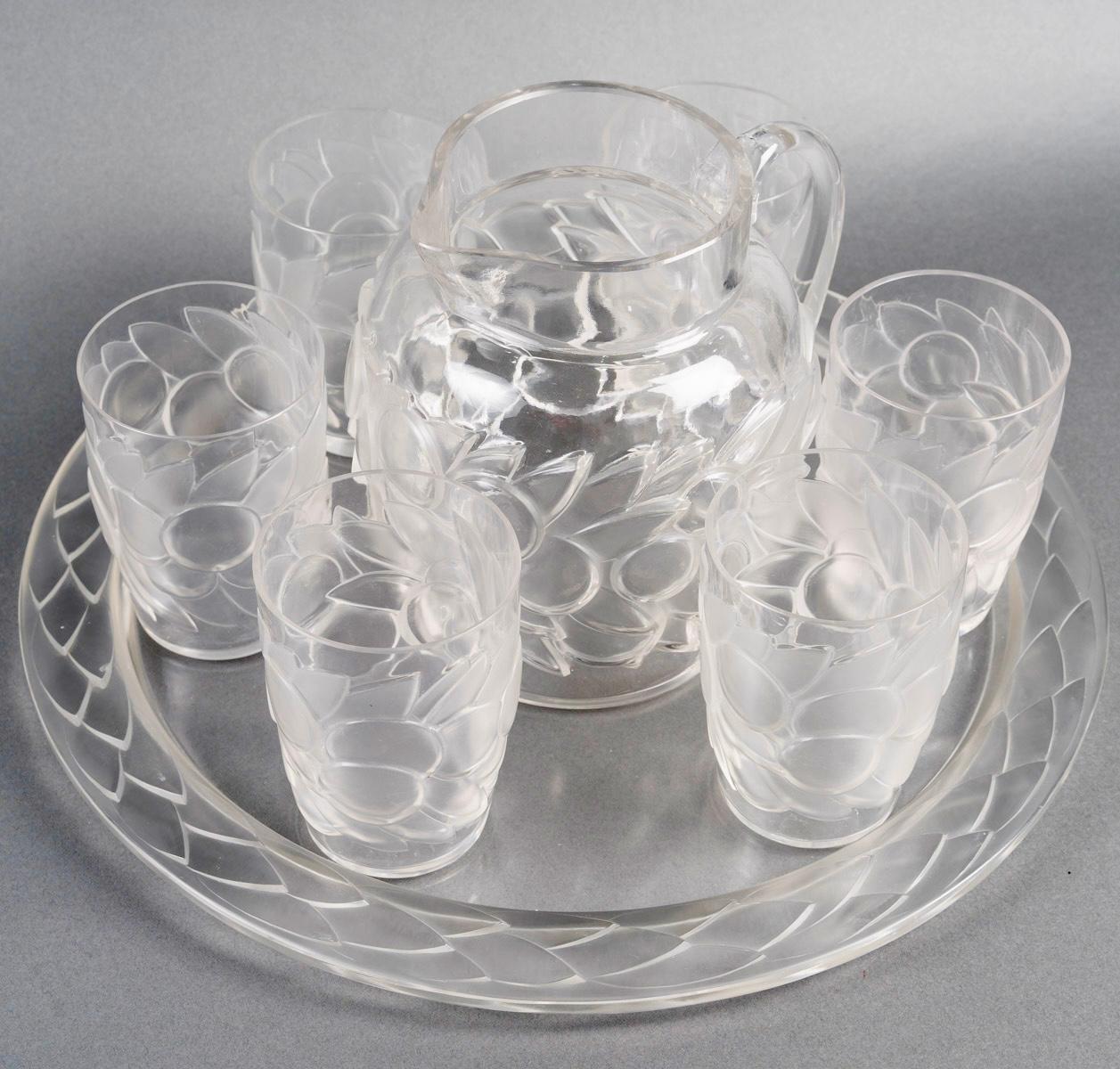 1931 René Lalique Cristalería Blidah 6 copas-vasos, bandeja y decantador Art Decó en venta