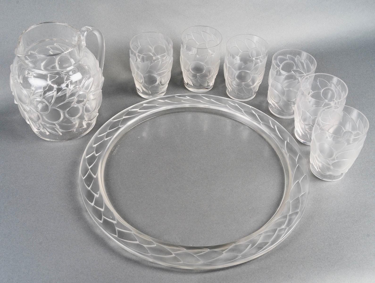 1931 René Lalique Cristalería Blidah 6 copas-vasos, bandeja y decantador Francés en venta