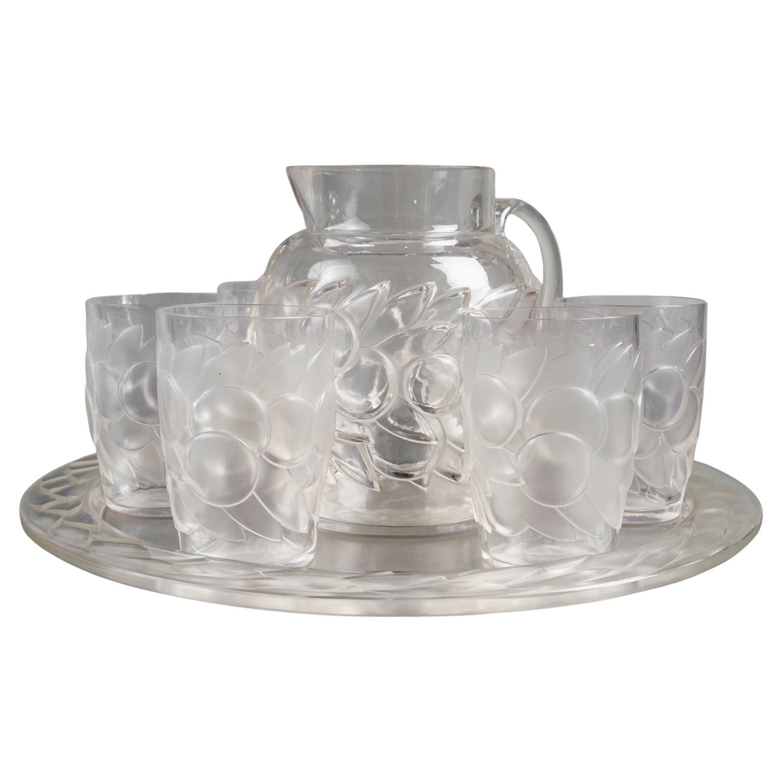 1931 René Lalique Cristalería Blidah 6 copas-vasos, bandeja y decantador