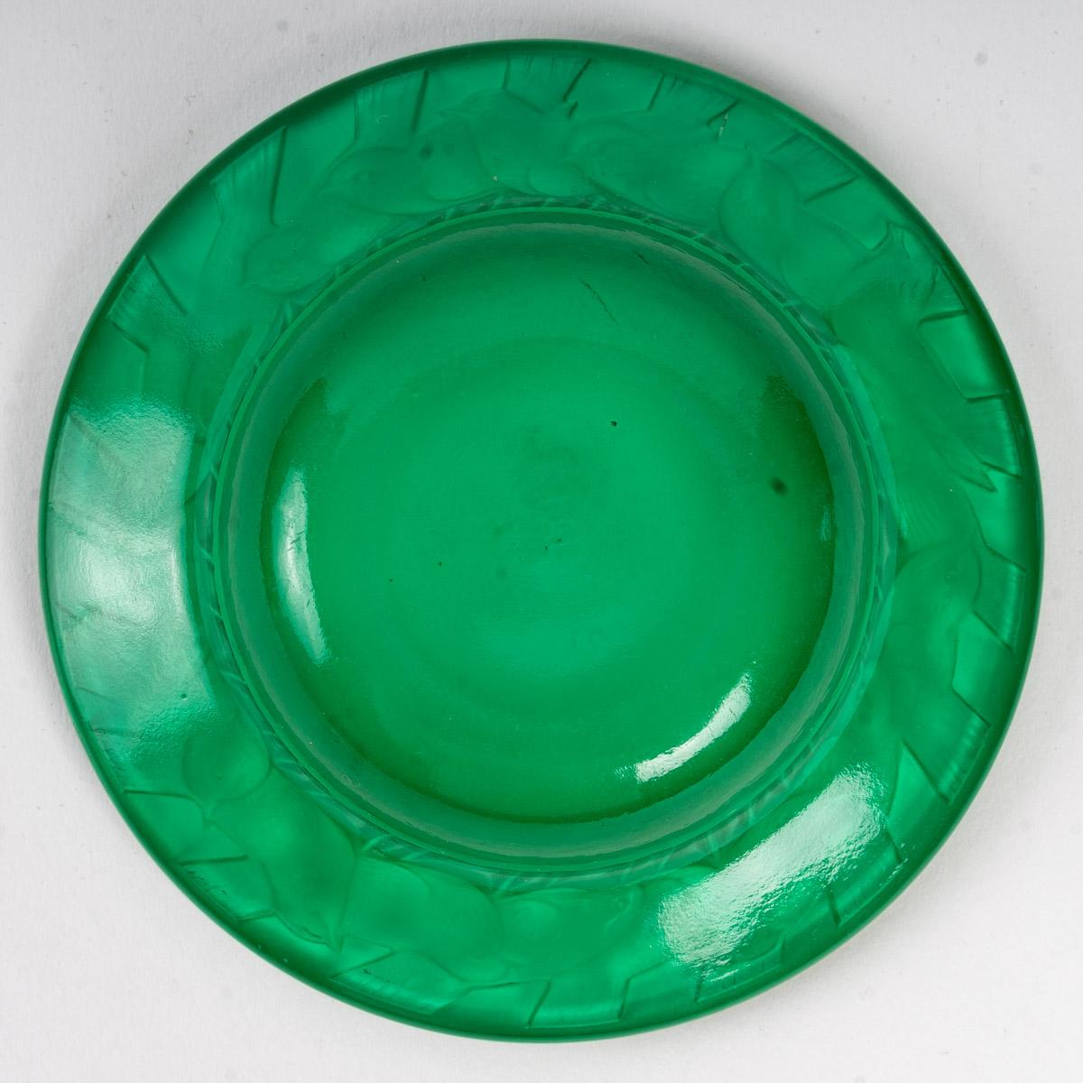 French 1931 René Lalique Irene Astray Pintray Emerald Green Glass with White Patina