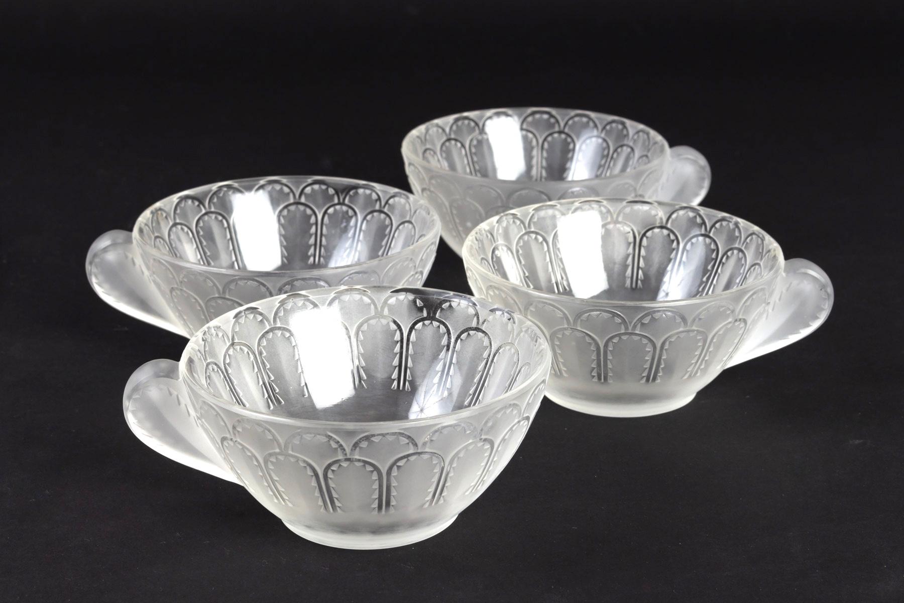 French 1931 René Lalique Jaffa Set of 9 Ice-Cream Cups and Tray Frosted Glass