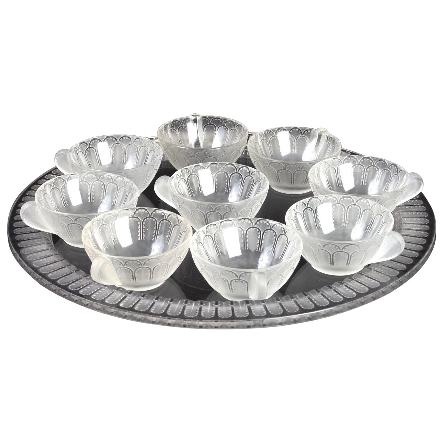 1931 René Lalique Jaffa Set of 9 Ice-Cream Cups and Tray Frosted Glass