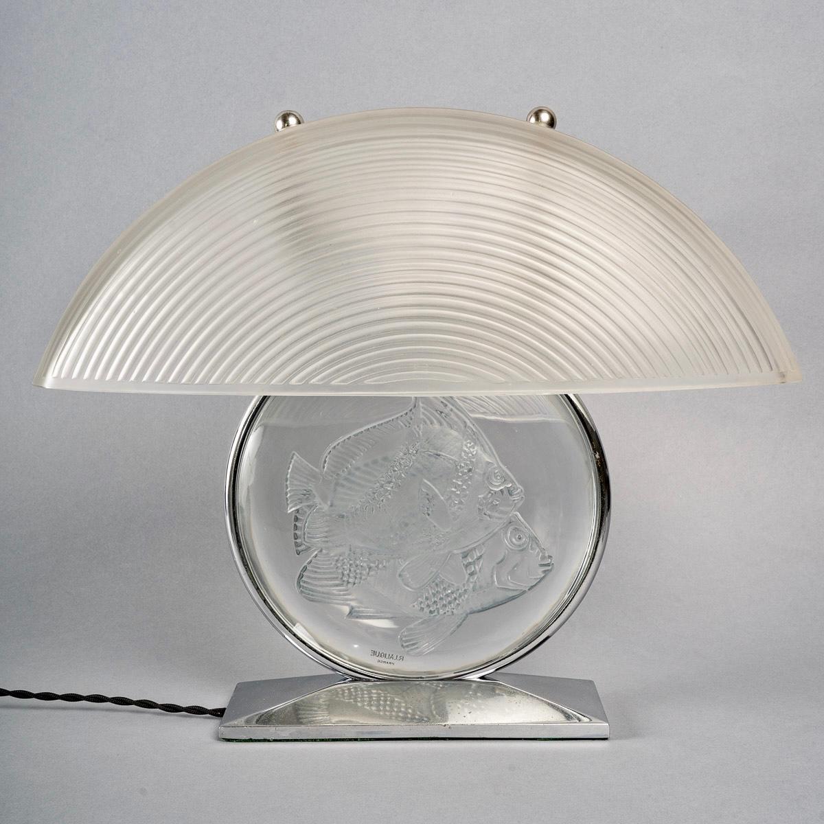 Molded 1931 René Lalique, Lamp Poissons Glass with Blue Patina, Nickel Plated Mount
