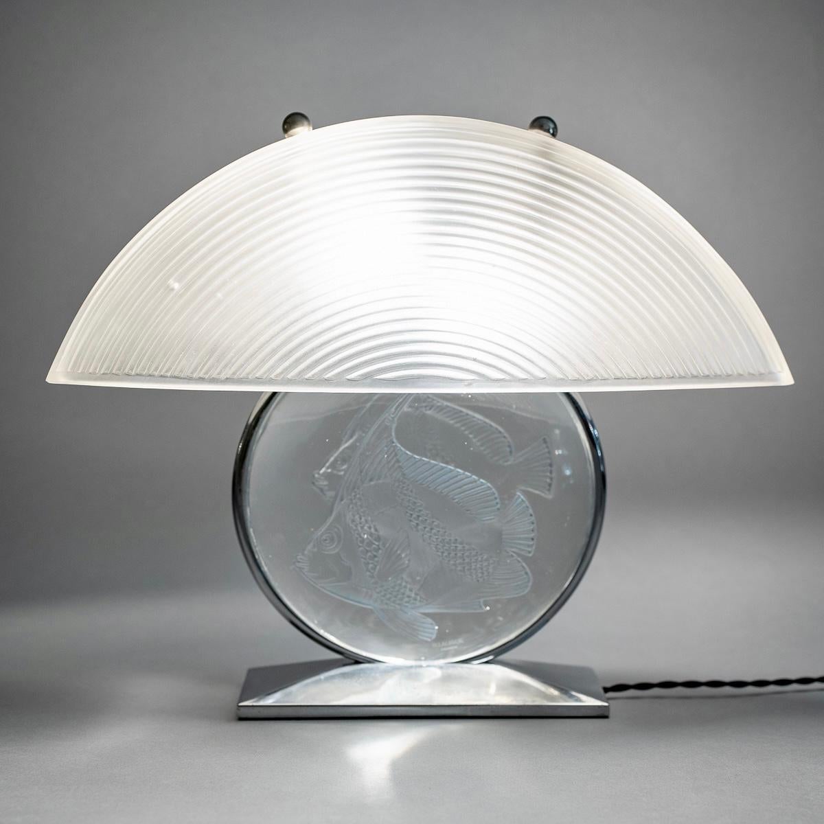 Crystal 1931 René Lalique, Lamp Poissons Glass with Blue Patina, Nickel Plated Mount