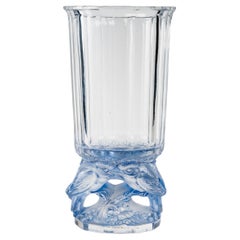 1931 René Lalique Merles Vase in Clear Crystal with Blue Patina