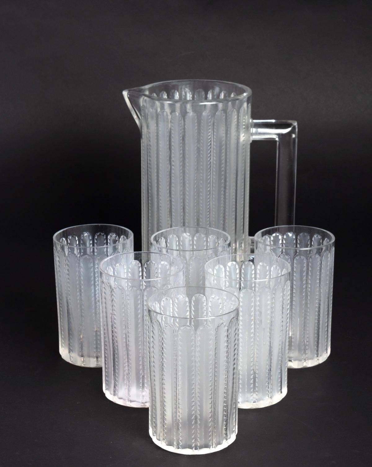 Mid-20th Century 1931 René Lalique Original Orange Jaffa Set 8 Pieces, 6 Glasses 1 Pitcher 1 Tray