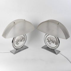 1931 René Lalique Pair Lamps Belier Rams Glass with Grey Patina