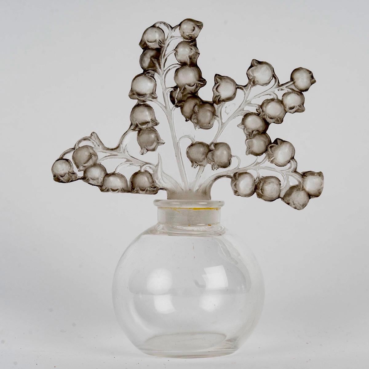 Art Deco 1931 René Lalique Perfume Bottle Clairefontaine Glass Grey Patina Lily of Valley For Sale