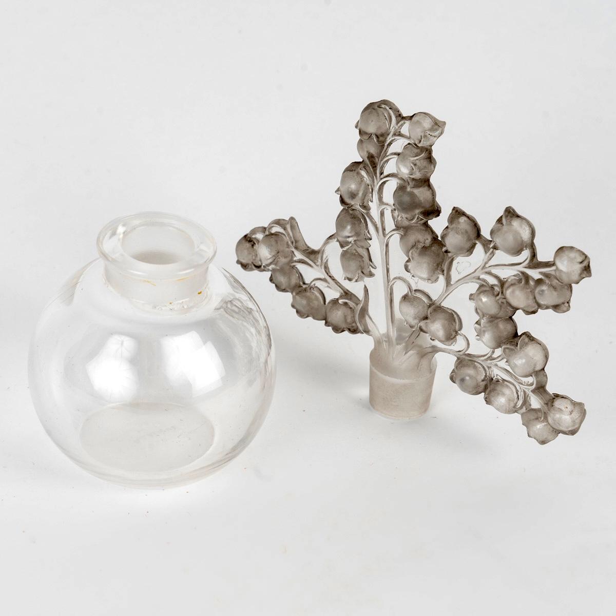 French 1931 René Lalique Perfume Bottle Clairefontaine Glass Grey Patina Lily of Valley