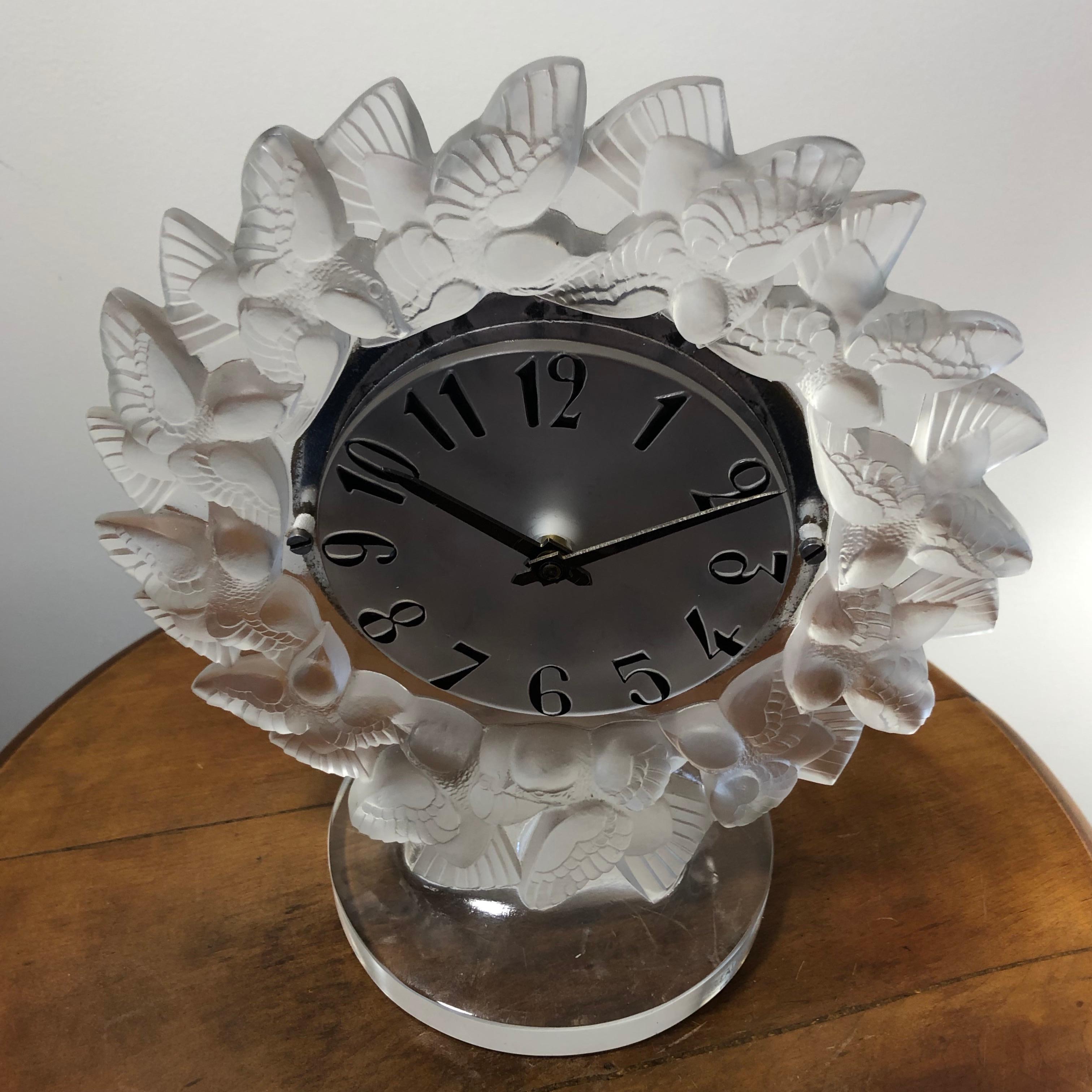 1931 René Lalique Roitelets Clock Clear Glass Enamel Dial Omega Movement Birds 5